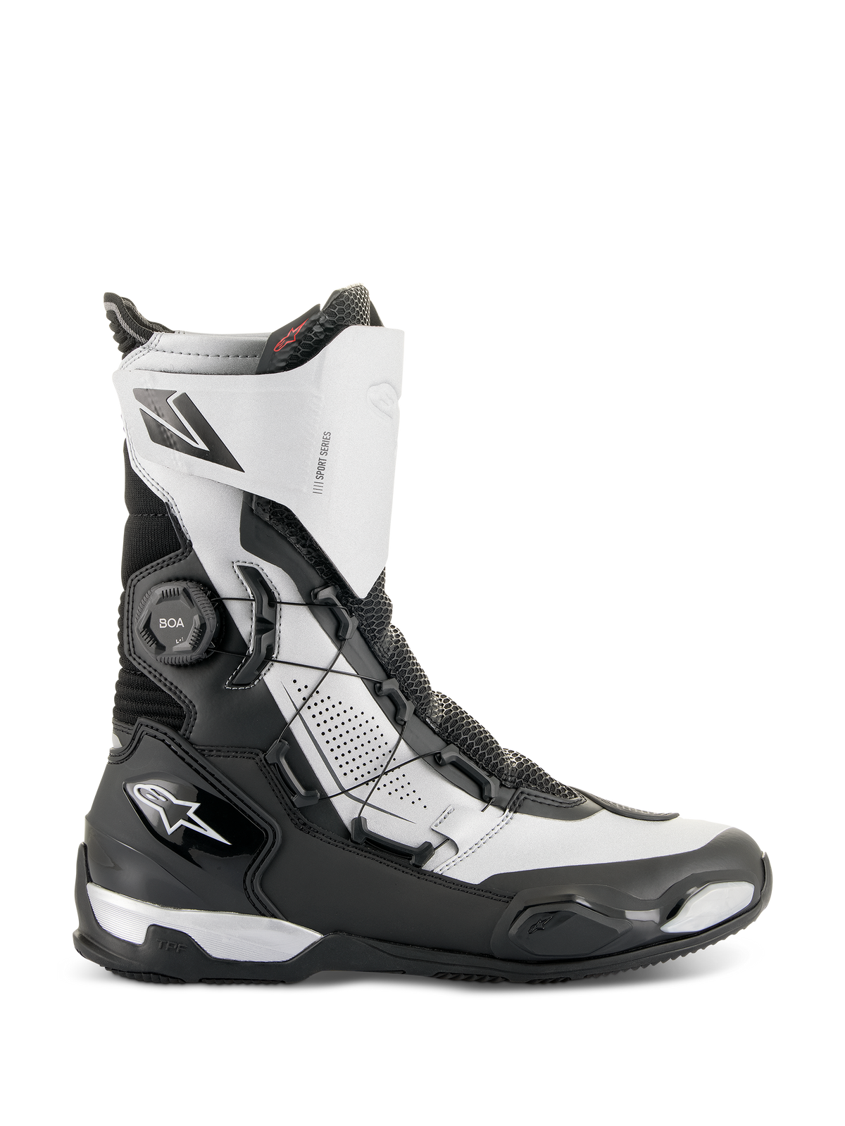 Alpinestars SP-X BOA® Stiefel, mittelhohe Motorrad-Sportstiefel, Schwarz und Silber, mit seitlichem BOA® Fit System, TPU-Schutz und atmungsaktivem Rideknit-Material, schlankes Design für Sport- und Tourenfahrten