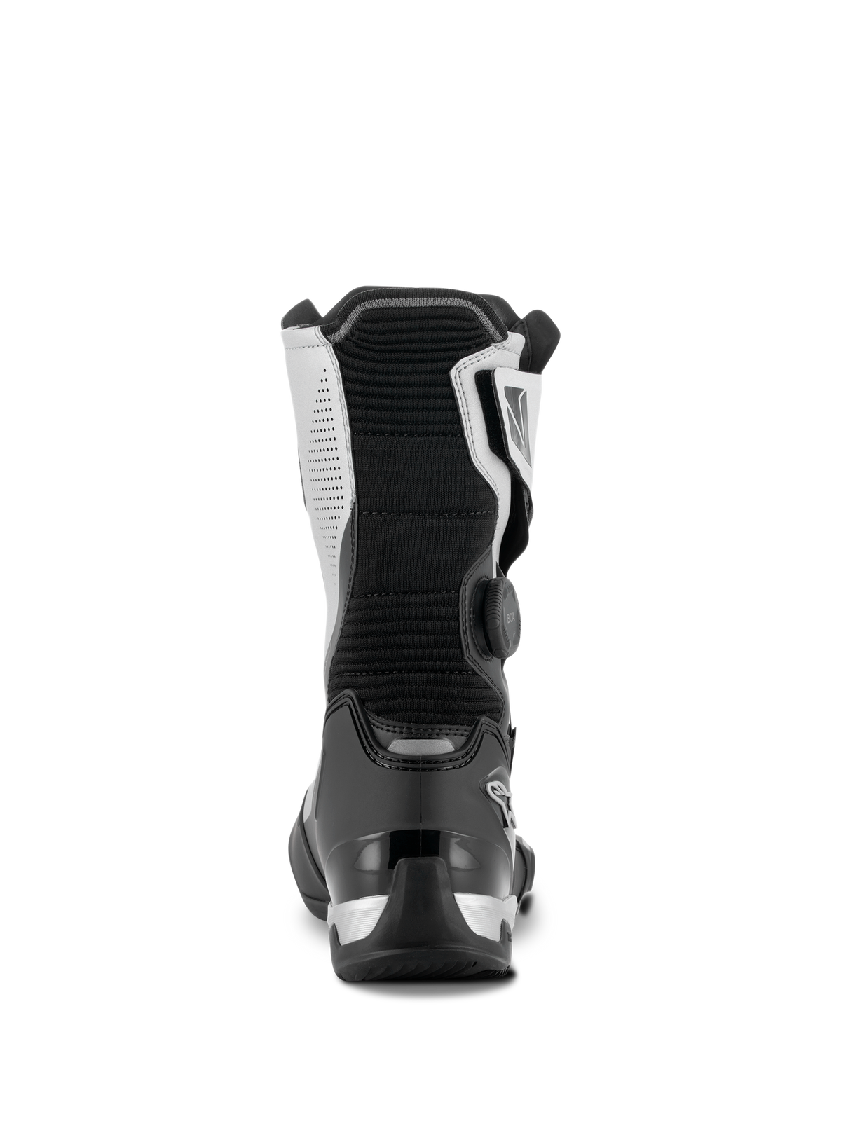 Alpinestars SP-X BOA® Stiefel, Schwarz und Silber, Rückansicht eines mittelhohen Sport-Touring-Motorradstiefels, mit schwarzer TPU-Fersenkappe, silbernen Seitenpaneelen und seitlichem BOA® Fit System-Drehverschluss, elegantes und schützendes Design