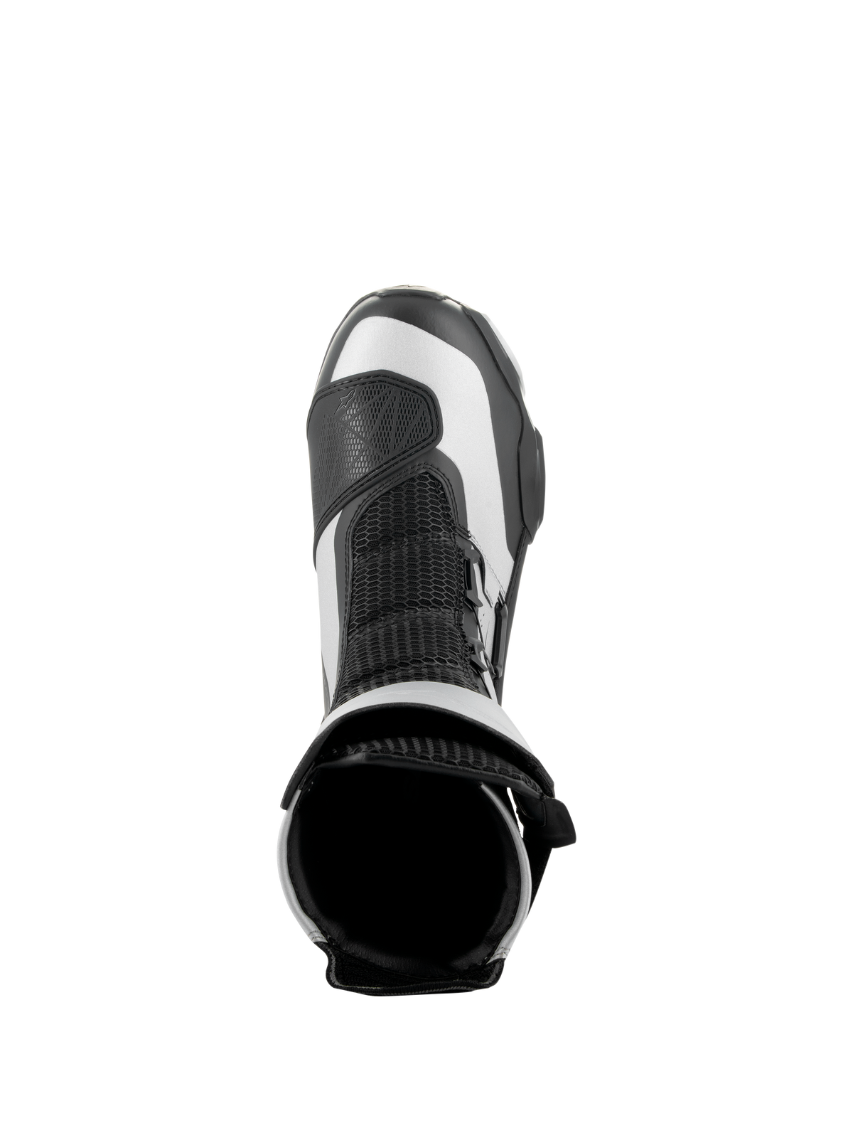 Alpinestars SP-X BOA Stiefel, Schwarz und Silber, Draufsicht mit Blick auf die obere Öffnung und Mesh-Zunge, elegante mittelhohe Sport-Motorradstiefel mit fortschrittlicher Mikrofaser- und Rideknit-Konstruktion