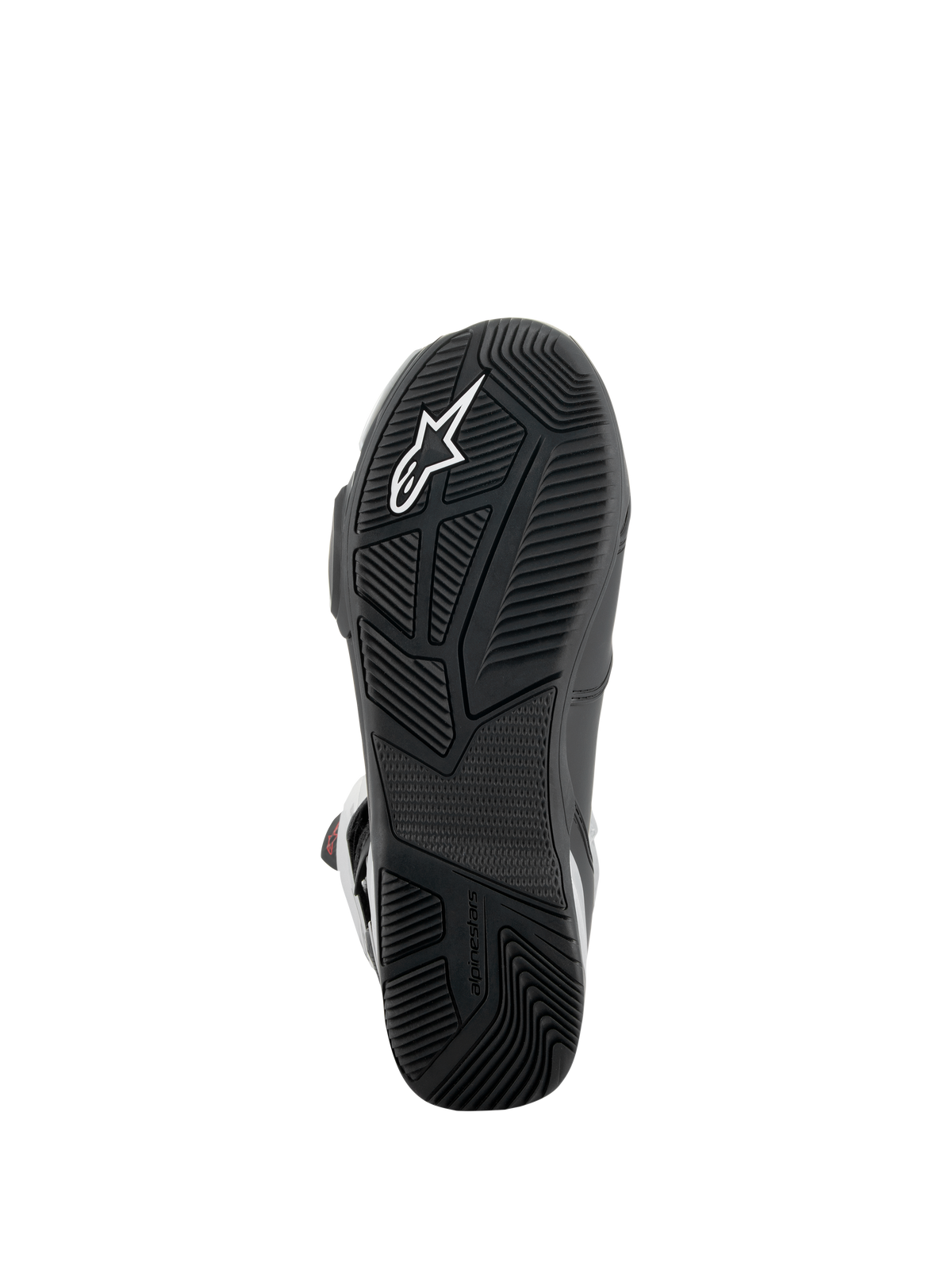 Alpinestars SP-X BOA® Stiefel, Sohlenansicht, Schwarz, mit strukturierter Gummiaußensohle mit weißem Stern-Logo, asymmetrischem Fersendesign für Stabilität und speziellen Profilmustern für Grip auf den Fußrasten