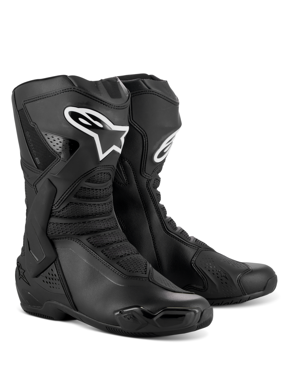 Alpinestars SMX-6 V3 Stiefel, Performance-Motorradstiefel, Schwarz, mit TPU-Schienbein- und Knöchelschutz, flexiblen Mesh-Einsätzen, ergonomischem Design für Sport- und Rennstreckenfahrten, weißes Alpinestars-Logo auf dem Schienbein
