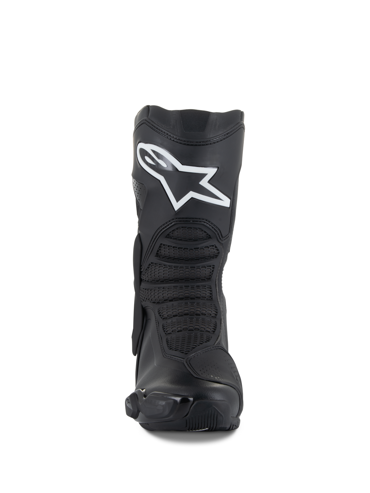Alpinestars SMX-6 V3 Stiefel, Schwarz, Performance-Motorradstiefel, Vorderansicht mit einem markanten weißen Astar-Logo am Schienbein, strukturierten Flexzonen vorne und eleganten TPU-Schutzelementen.
