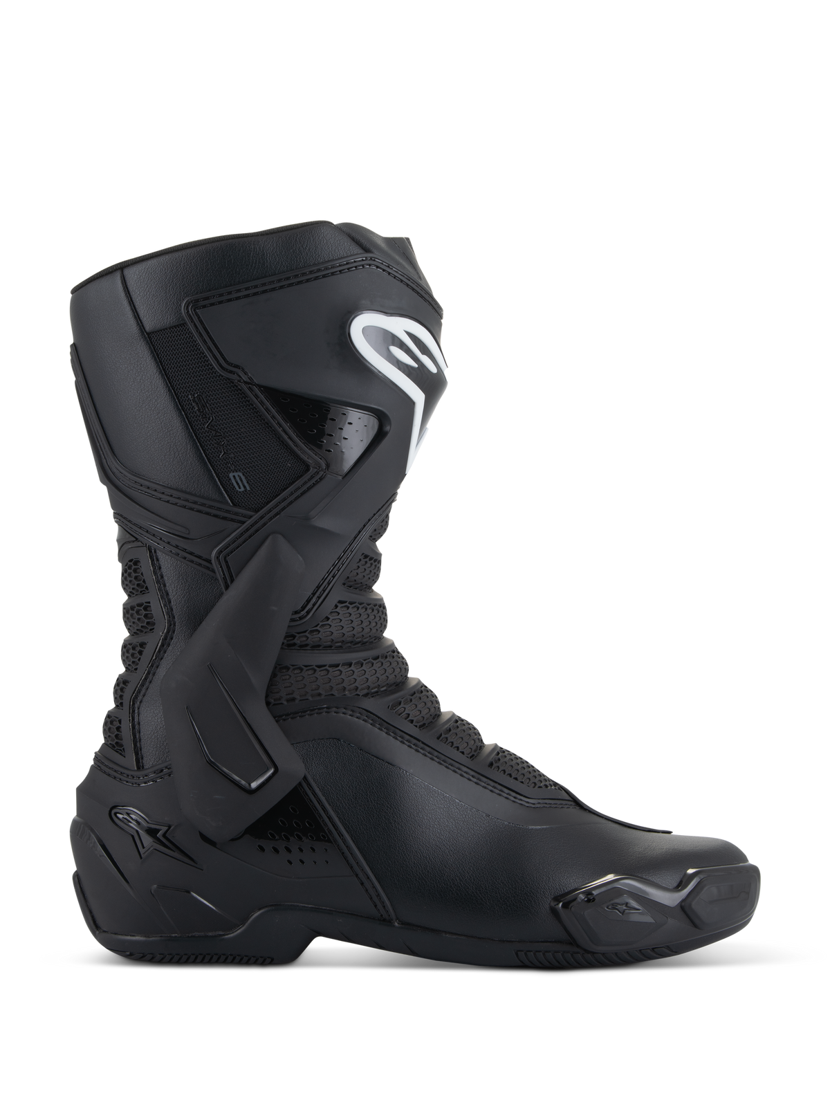 Alpinestars SMX-6 V3 Stiefel, schwarze Motorradrennstiefel, Seitenansicht, Obermaterial aus Mikrofaser mit seitlicher TPU-Knöchelverstärkung und Schienbeinschutz, weißes Alpinestars-Logo auf dem Schienbein, austauschbarer Zehenschleifer, Performance-Sportstiefel