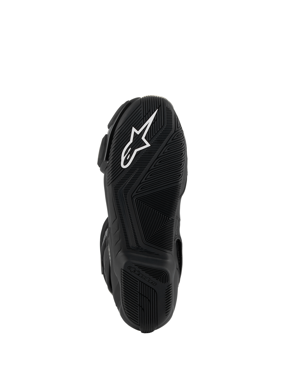 Alpinestars SMX-6 V3 Stiefel, Schwarz, Unteransicht der leichten Gummisohle mit strukturiertem Grip-Muster, weißem Astar-Logo und geprägtem Alpinestars-Branding an der Ferse.