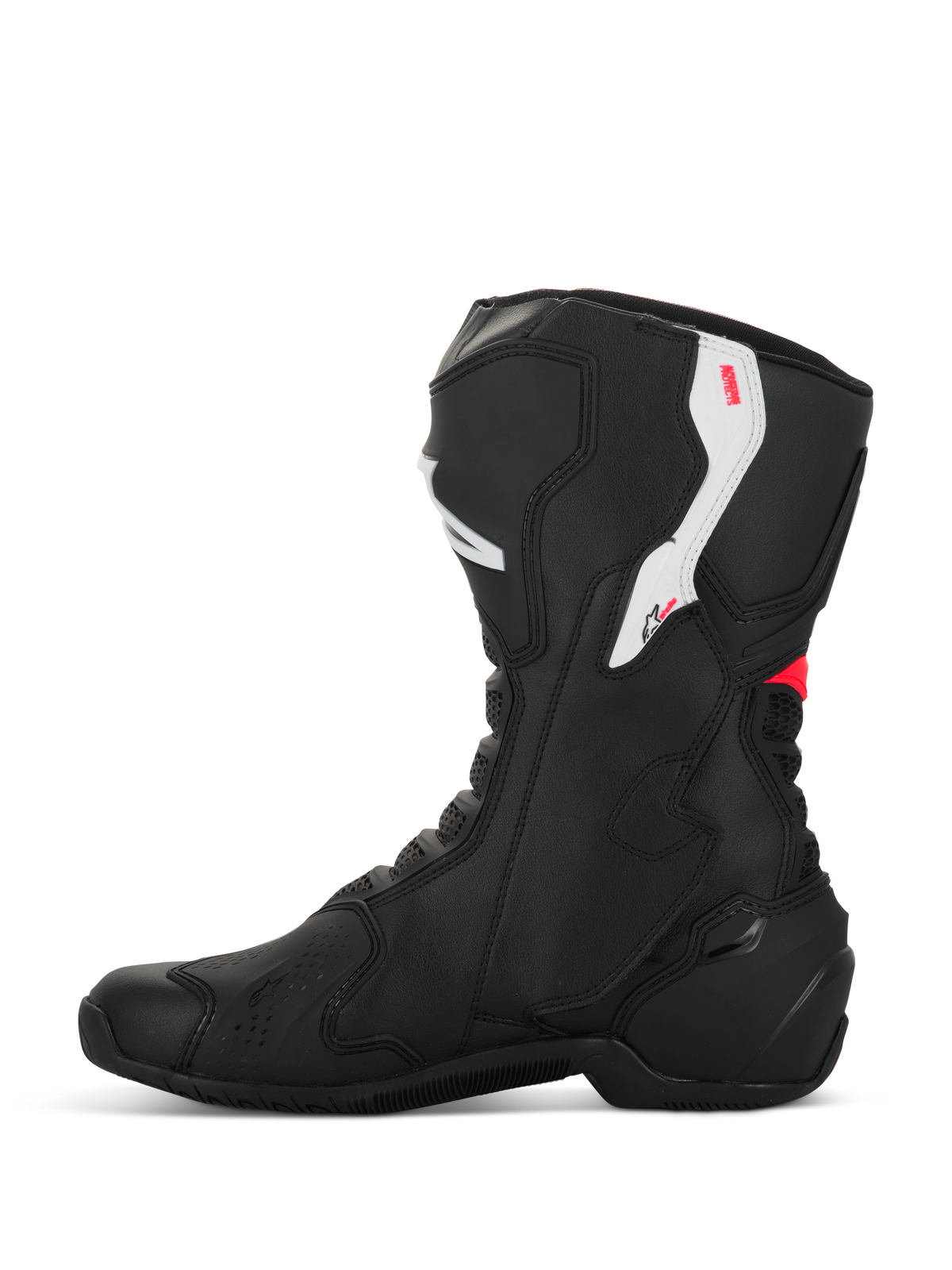 Alpinestars Stella SMX-6 V3 Stiefel, Damen-Motorradstiefel, Schwarz, Weiß und Diva-Pink, Seitenprofil-Ansicht, mit Mikrofaser-Konstruktion, TPU-Knöchel- und Schienbeinschutz sowie stromlinienförmigem Performance-Design für Rennstrecke und Straße.