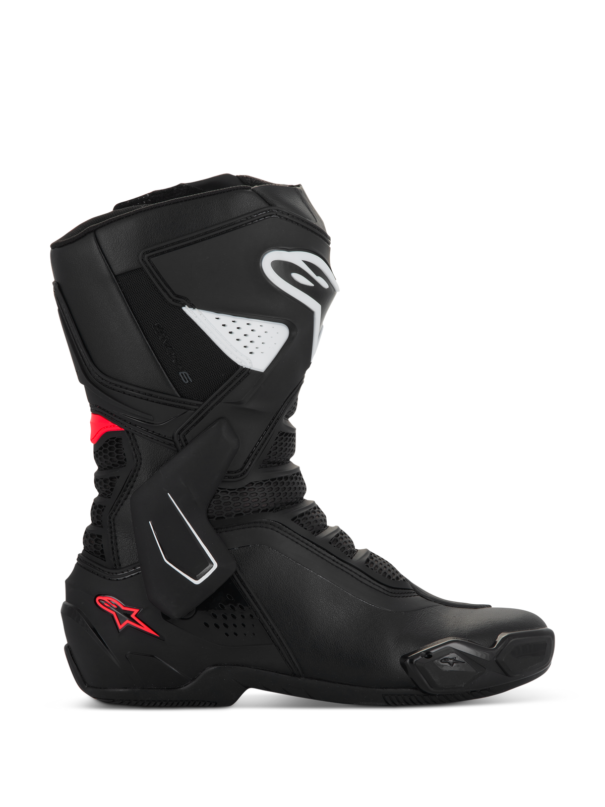 Alpinestars Stella SMX-6 V3 Stiefel, Damen-Motorradsportstiefel, Schwarz mit weißen und Diva Pink Akzenten, Seitenprofil mit TPU-Schienbein- und Knöchelschutz, Mesh-Flex-Einsätze und Performance-Mikrofaser-Konstruktion für Rennstrecke und Straße.