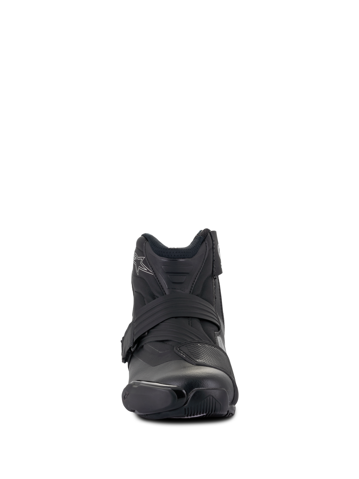 Alpinestars Stella SMX-1 R V2 Damenstiefel, niedrig geschnittener Performance-Motorradstiefel, Schwarz, Vorderansicht, mit Mikrofaser-Obermaterial, TPU-Schaltpolster und ergonomischem Verschlussriemen, sportlich inspiriertes Design