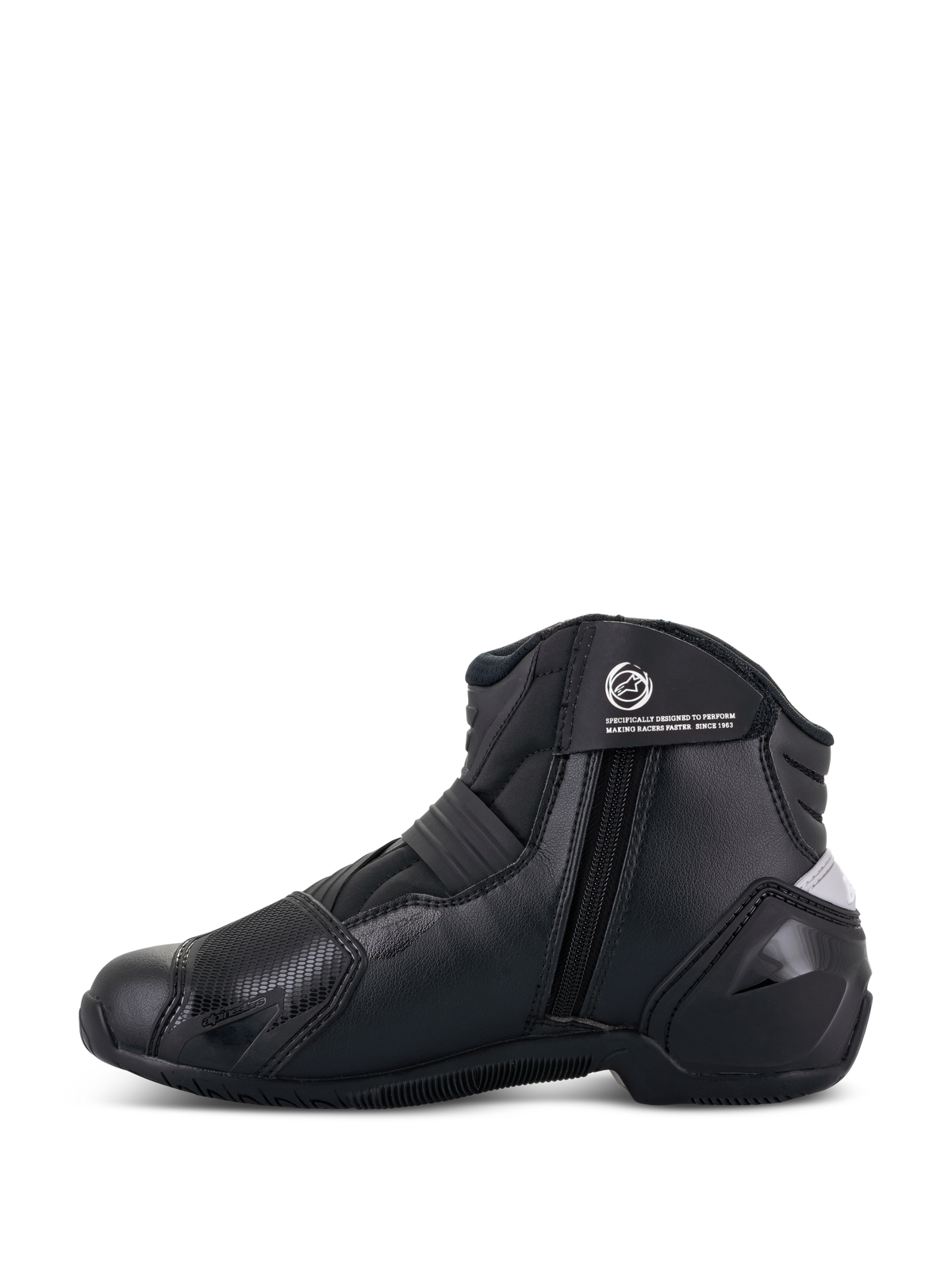 Alpinestars Stella SMX-1 R V2 Damenstiefel, Schwarz, niedrig geschnittener Performance-Motorradstiefel, Seitenansicht mit Reißverschluss, Knöchelriemen mit Logo und Mikrofaser-Konstruktion mit TPU-Fersenkappe