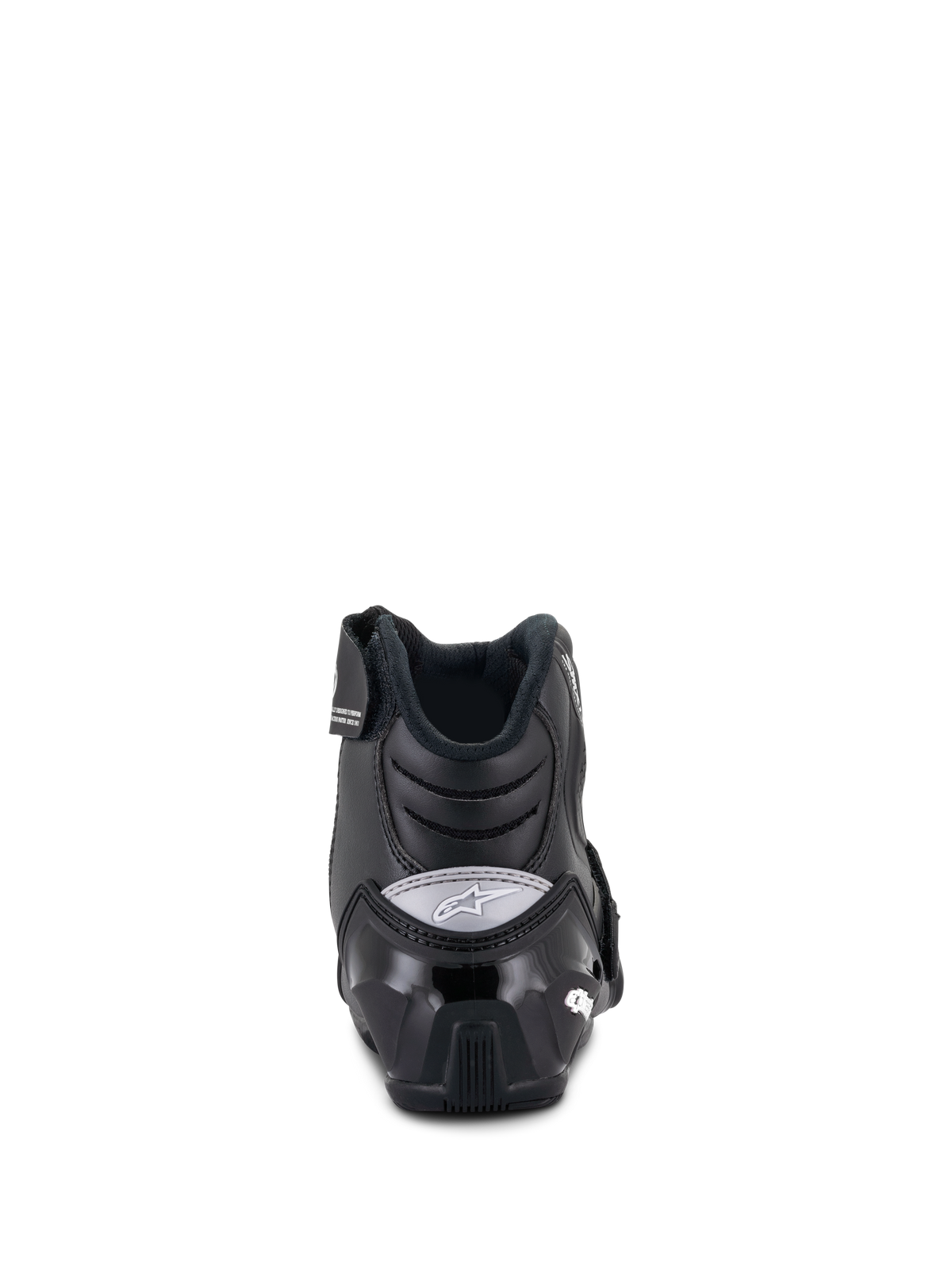 Alpinestars Stella SMX-1 R V2 Damenstiefel, niedrig geschnittene Motorradstiefel, Schwarz, Rückansicht mit verstärkter TPU-Fersenkappe und grauem Alpinestars-Logo, Performance-Motorradschuh
