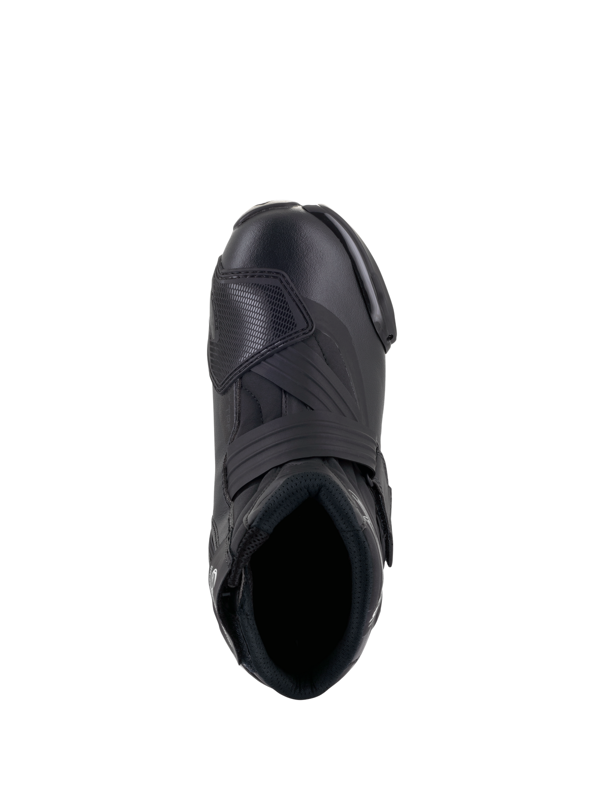 Alpinestars Stella SMX-1 R V2 Damenstiefel, niedrig geschnittener Performance-Motorradschuh in Schwarz, Draufsicht mit Fußöffnung, Ristriemen und strukturiertem TPU-Schaltpolster, schlanke Mikrofaser-Konstruktion