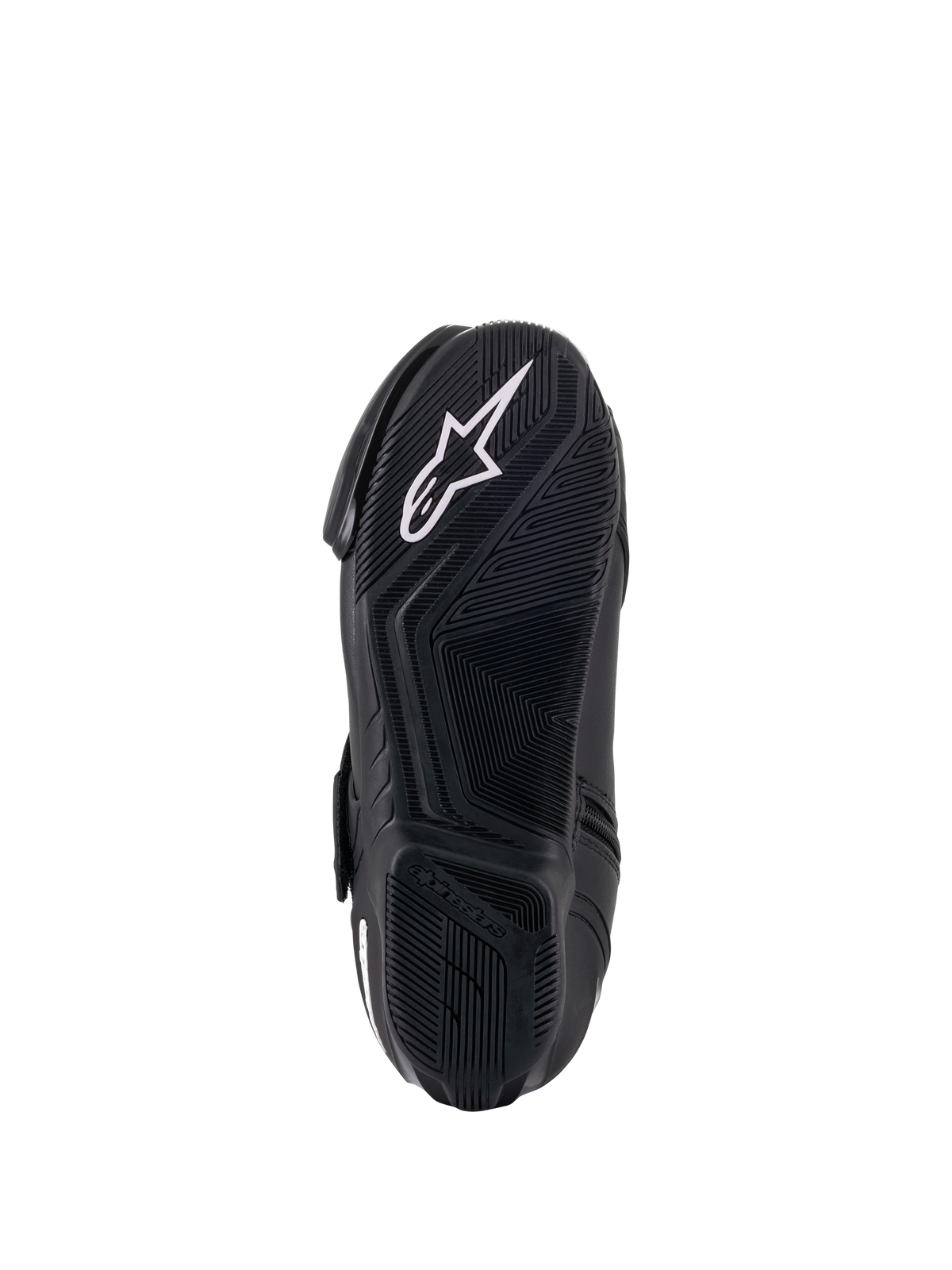 Alpinestars Stella SMX-1 R V2 Damenstiefel, Schwarz, Unteransicht der Gummisohle mit griffigem Muster und weißem Alpinestars-Sternlogo, Performance-Motorradschuhwerk