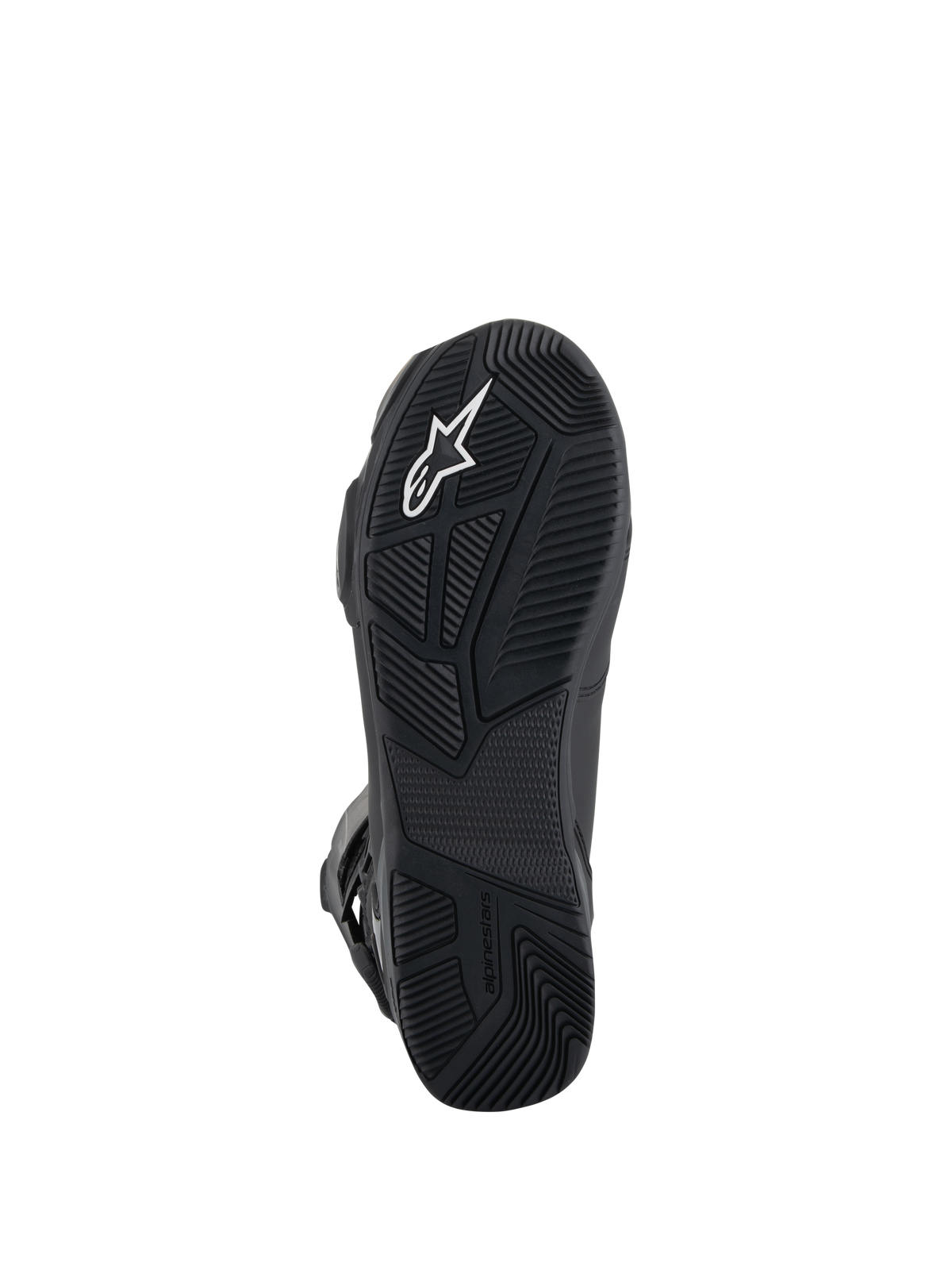 Alpinestars SP-X BOA® Drystar® Stiefel, Motorradstiefel, Unteransicht der schwarzen Gummisohle mit strukturierten Gripmustern, weißem Astar-Logo und geprägtem Branding für Traktion und Stabilität