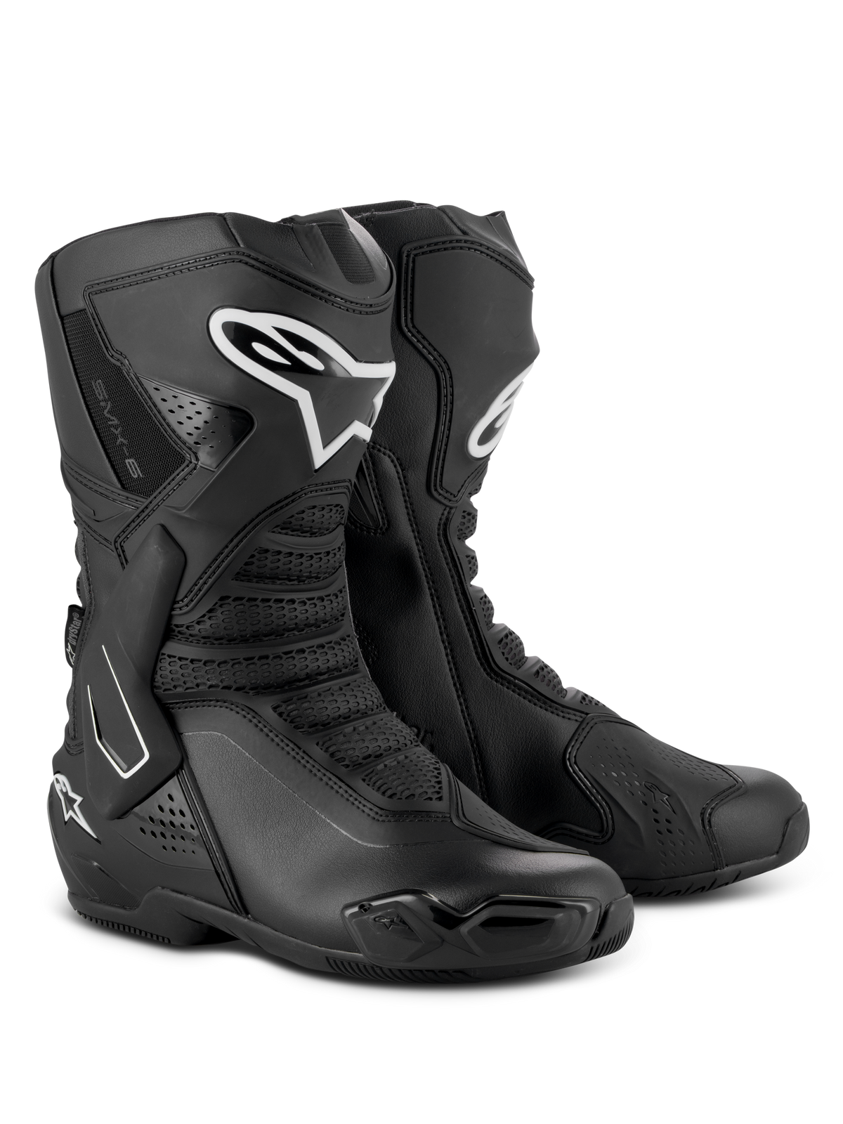 Alpinestars SMX-6 V3 Drystar® Stiefel, Performance-Motorradstiefel, Schwarz, mit TPU-Schienbeinprotektoren und weißem Alpinestars-Logo, austauschbaren Zehenschleifern und fortschrittlicher Mikrofaser-Konstruktion, Sport- und Straßenfahrausrüstung