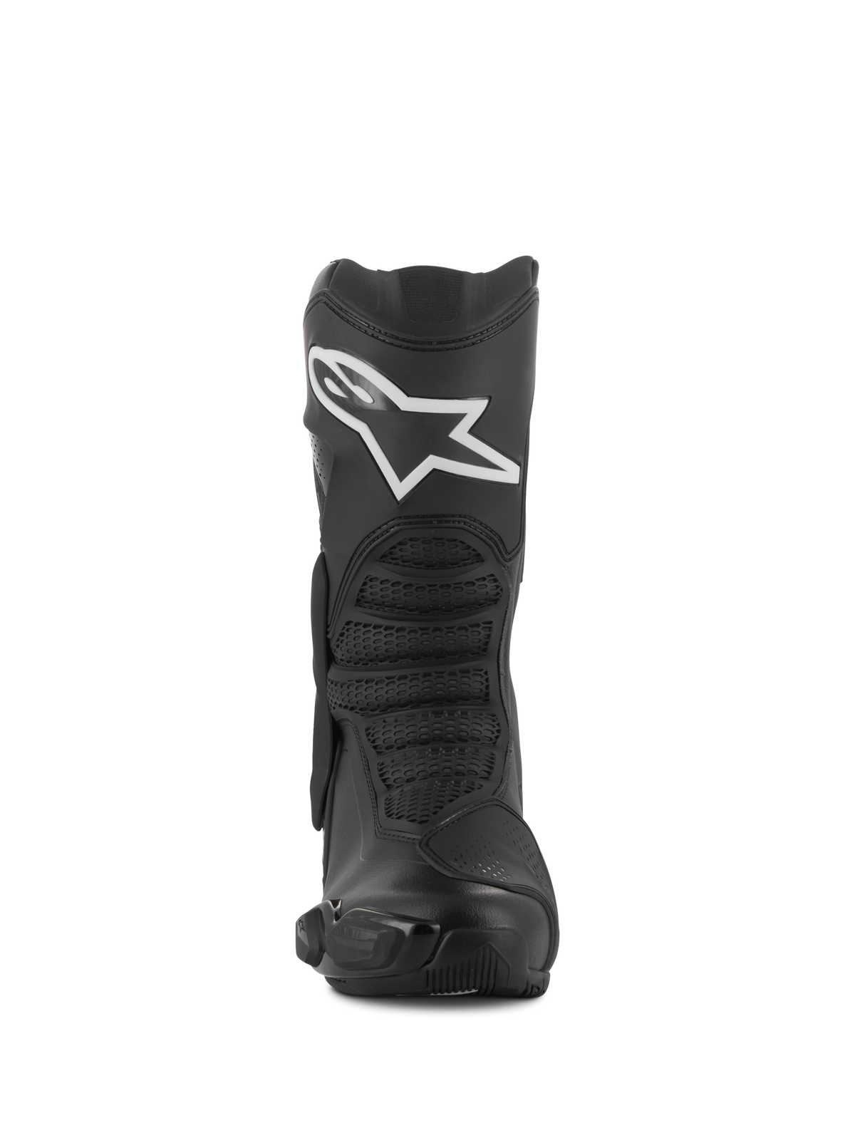 Alpinestars SMX-6 V3 Drystar® Stiefel, Schwarz, Vorderansicht, Sport- und Performance-Motorradstiefel mit weißem Alpinestars-Logo am Schienbein, TPU-Protektoren und texturierten Flex-Zonen