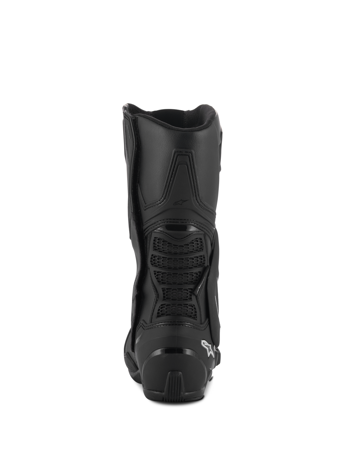 Alpinestars SMX-6 V3 Drystar® Stiefel, Performance-Motorradstiefel, Schwarz, Rückansicht mit TPU-Fersenschutz und hinterer Wadenbrücke mit Mesh-Detail, weißes Logo an der Ferse