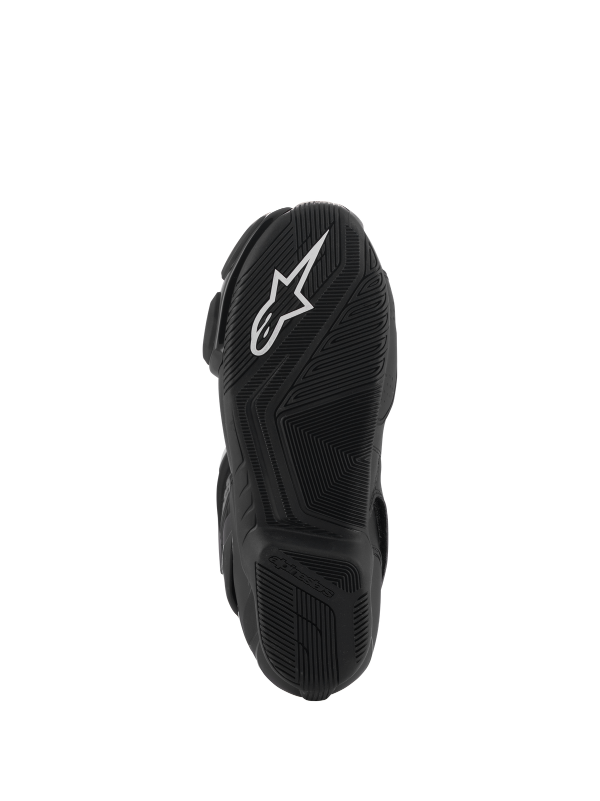 Alpinestars SMX-6 V3 Drystar® Stiefel, Ansicht der schwarzen Gummisohle, weißes A-Star-Logo auf dem vorderen Profil, geprägtes Alpinestars-Branding an der Ferse, detailliertes Texturmuster für Grip und Performance