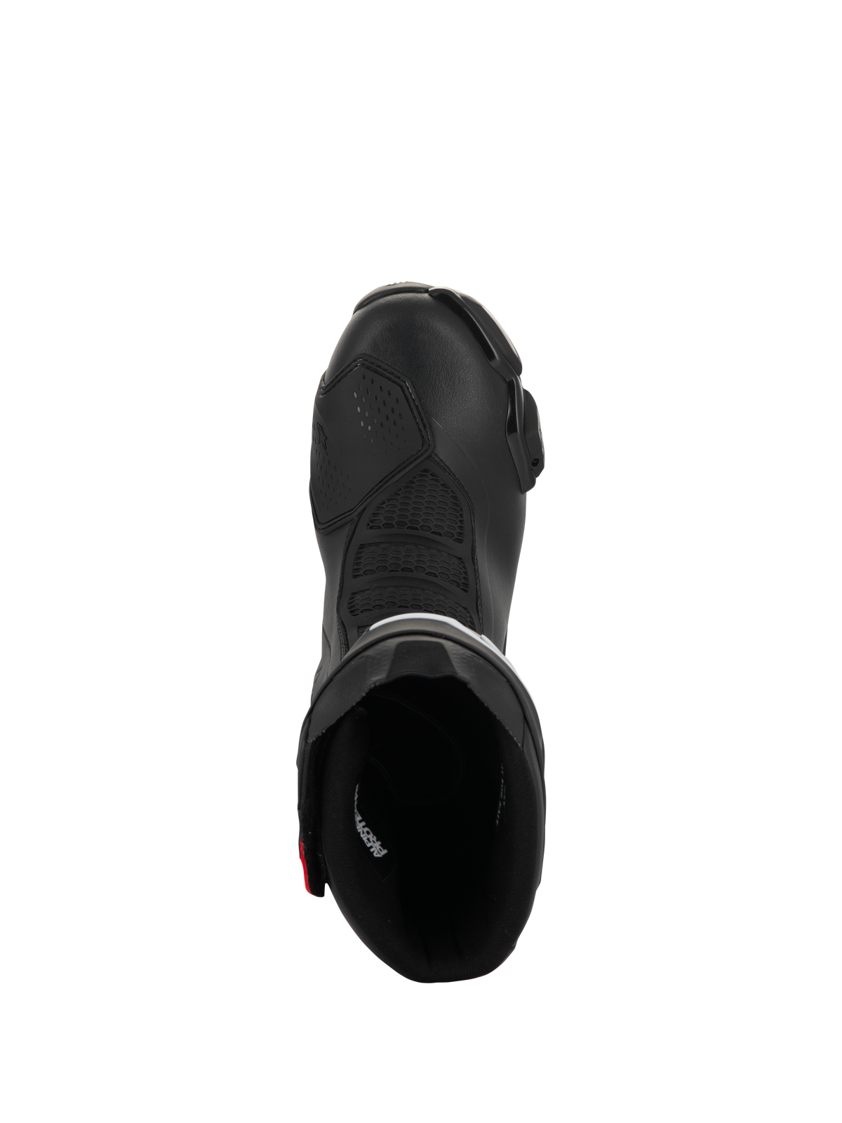 Alpinestars SMX-6 V3 Drystar Stiefel, Performance-Motorradstiefel, Schwarz mit roten Akzenten, Draufsicht mit Blick in die Stiefelöffnung, mit texturierten Flexzonen und Mikrofaser-Konstruktion