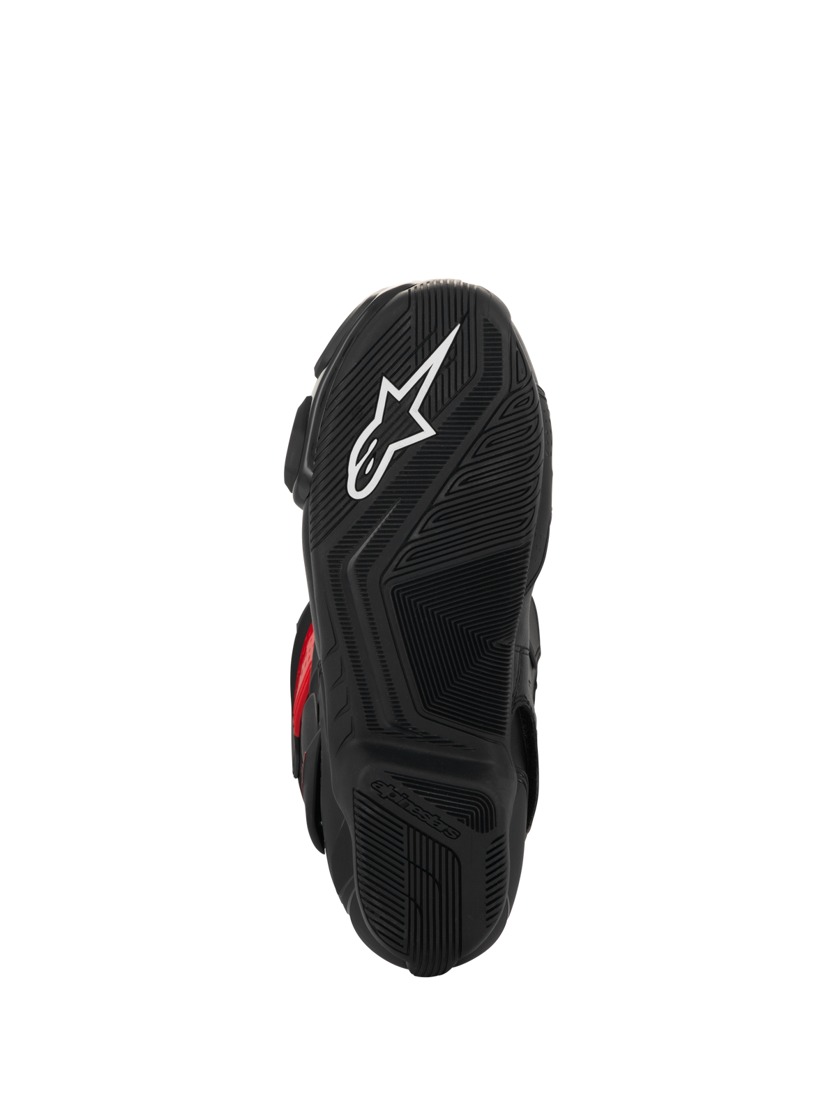 Alpinestars SMX-6 V3 Drystar® Stiefel, Sohlenansicht, schwarzer strukturierter Gummi für Griffigkeit, mit weißem Stern-Logo und geprägtem Alpinestars-Branding, Performance-Motorradstiefel