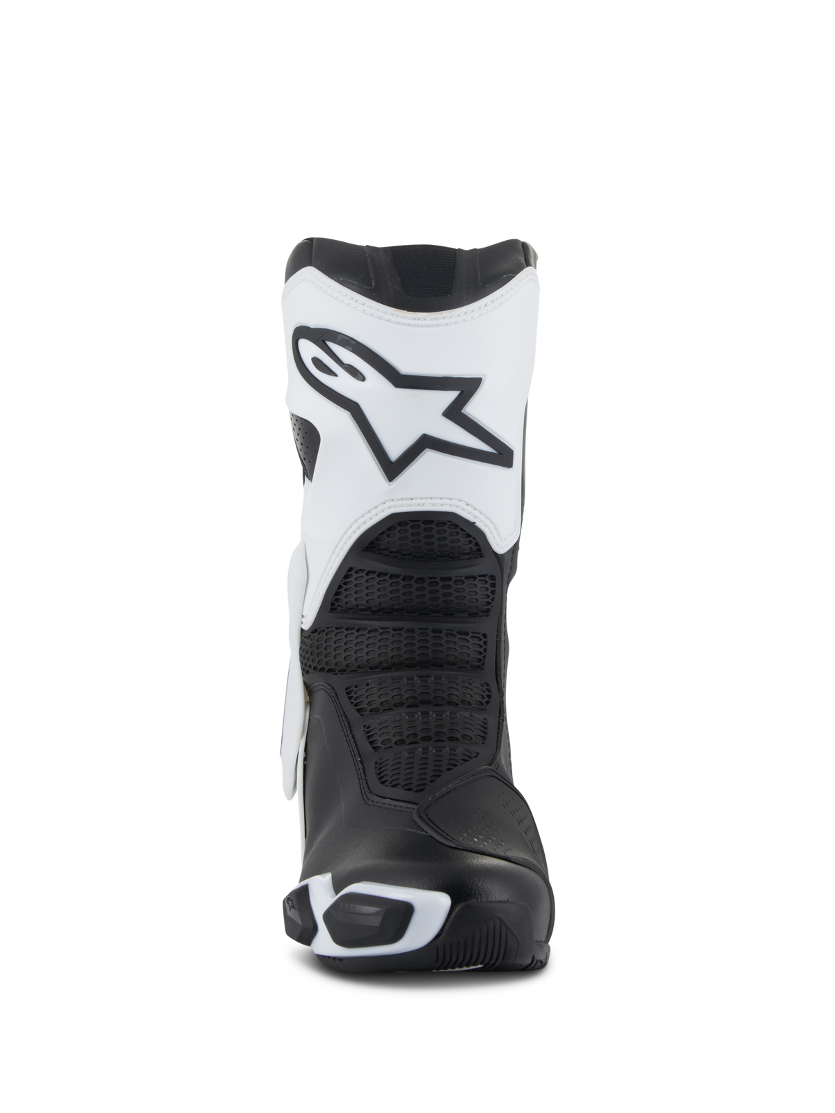 Alpinestars Stella SMX-6 V3 Drystar® Stiefel, Motorradstiefel für Damen, Weiß und Schwarz, Frontansicht mit der weißen Schienbeinplatte und dem Astars-Logo, schwarzen strukturierten Flex-Zonen und schützenden TPU-Elementen für Performance-Fahrten.