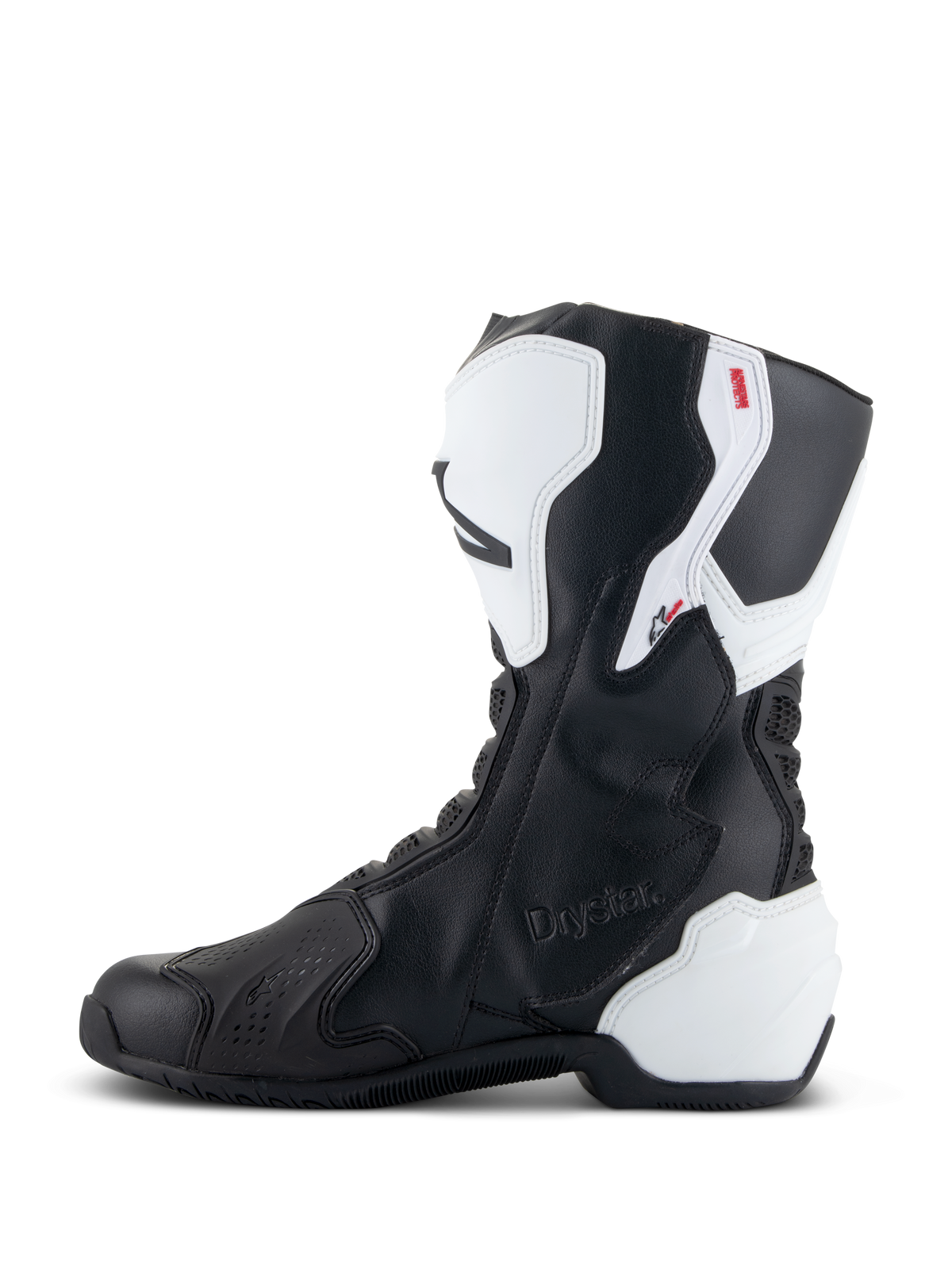 Alpinestars Stella SMX-6 V3 Drystar® Stiefel, Performance-Motorradstiefel für Damen, Weiß und Schwarz, mediale Seitenansicht mit geprägtem Drystar-Branding, weißem TPU-Schienbein- und Fersenschutz sowie geschmeidigem schwarzem Mikrofaser-Obermaterial für Performance auf Rennstrecke und Straße.