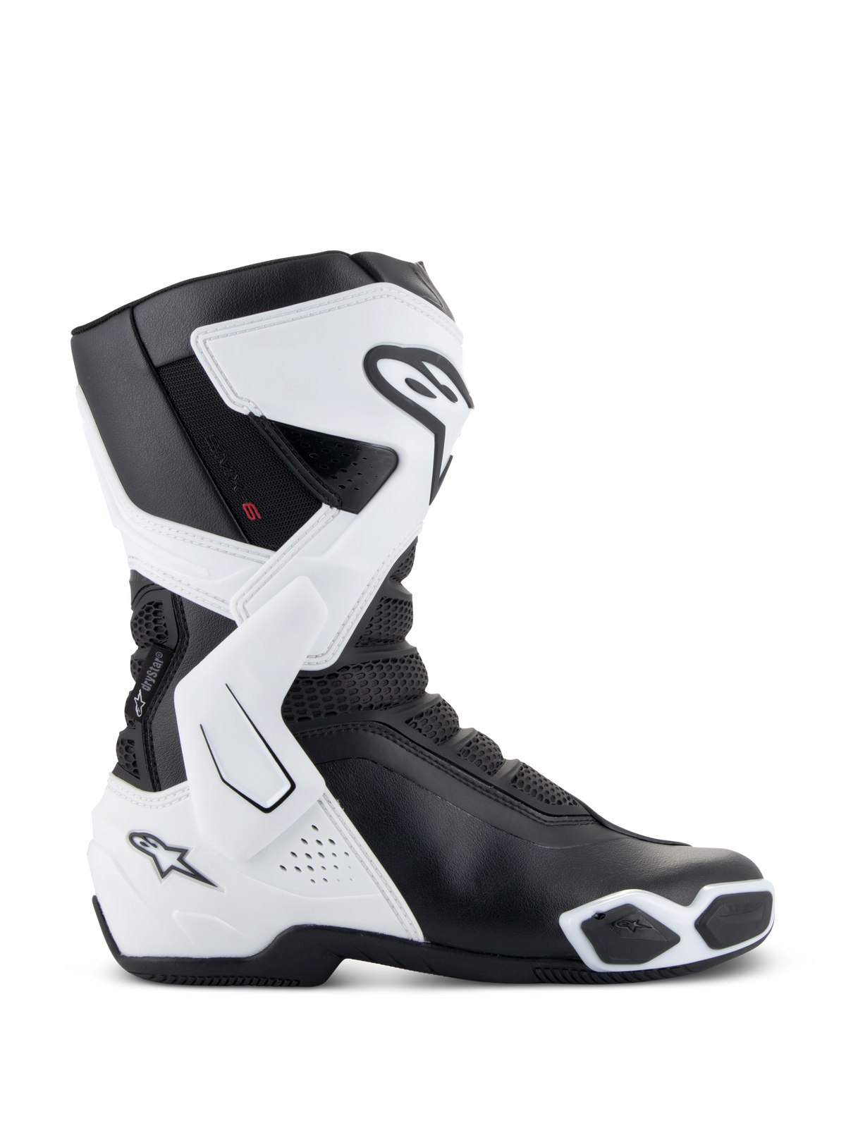 Alpinestars Stella SMX-6 V3 Drystar® Stiefel, Damen-Motorradstiefel, Weiß und Schwarz, Seitenansicht mit wasserdichter Drystar®-Technologie, TPU-Schienbein- und Knöchelschutz, Mesh-Flexibilitätszonen und ergonomischem Sport-Riding-Design