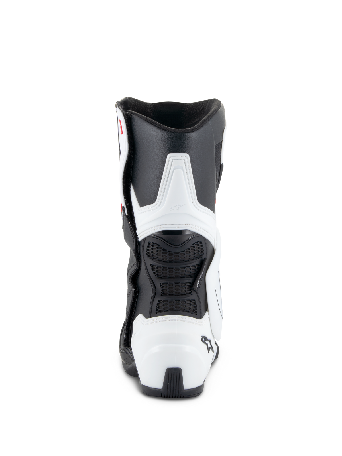 Alpinestars Stella SMX-6 V3 Drystar® Stiefel, Damen-Motorradstiefel, Weiß und Schwarz, Rückansicht mit TPU-Waden- und Fersenschutz, flexiblen schwarzen Mesh-Einsätzen und ergonomischem, aus dem Rennsport abgeleitetem Design.