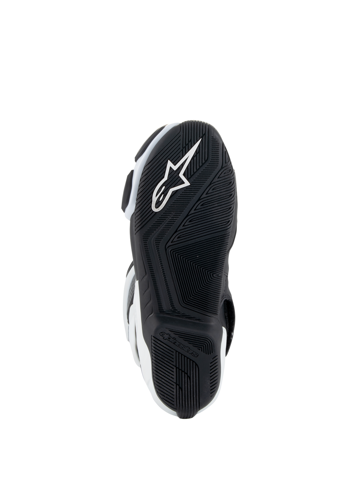 Alpinestars Stella SMX-6 V3 Drystar® Stiefel, Damen-Motorradstiefel, Weiß und Schwarz, Sohlenansicht mit einer schwarzen Gummiaußensohle mit texturiertem Profilmuster, integriertem weißen Alpinestars-Sternlogo und Branding an der Ferse