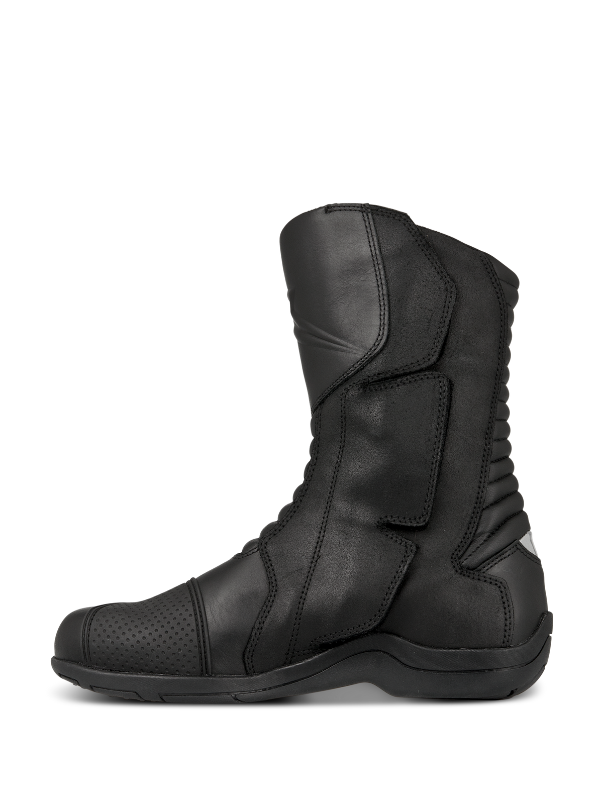 Alpinestars Web GORE-TEX Boots, Touring Motorcycle Boots, Black, side profile view showing leather construction, side-entry system with large closure flap, and rear accordion flex zones for maneuverability.