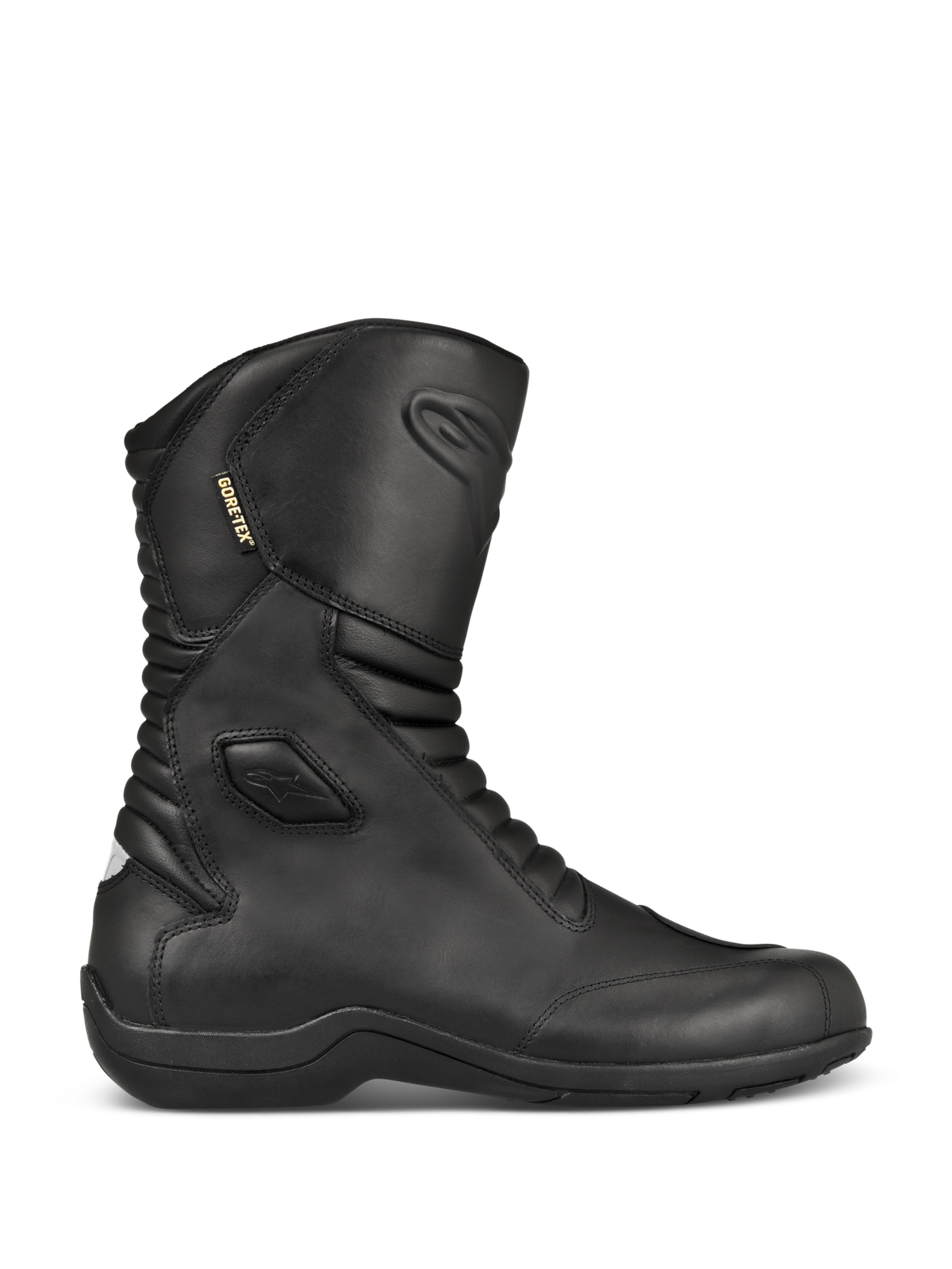 Alpinestars Web GORE-TEX Boots, Black Leather Motorcycle Touring Boots, side profile view, waterproof GORE-TEX lining, reinforced ankle and toe protection, front and back accordion flex panels, durable rubber sole, sleek all-weather road gear