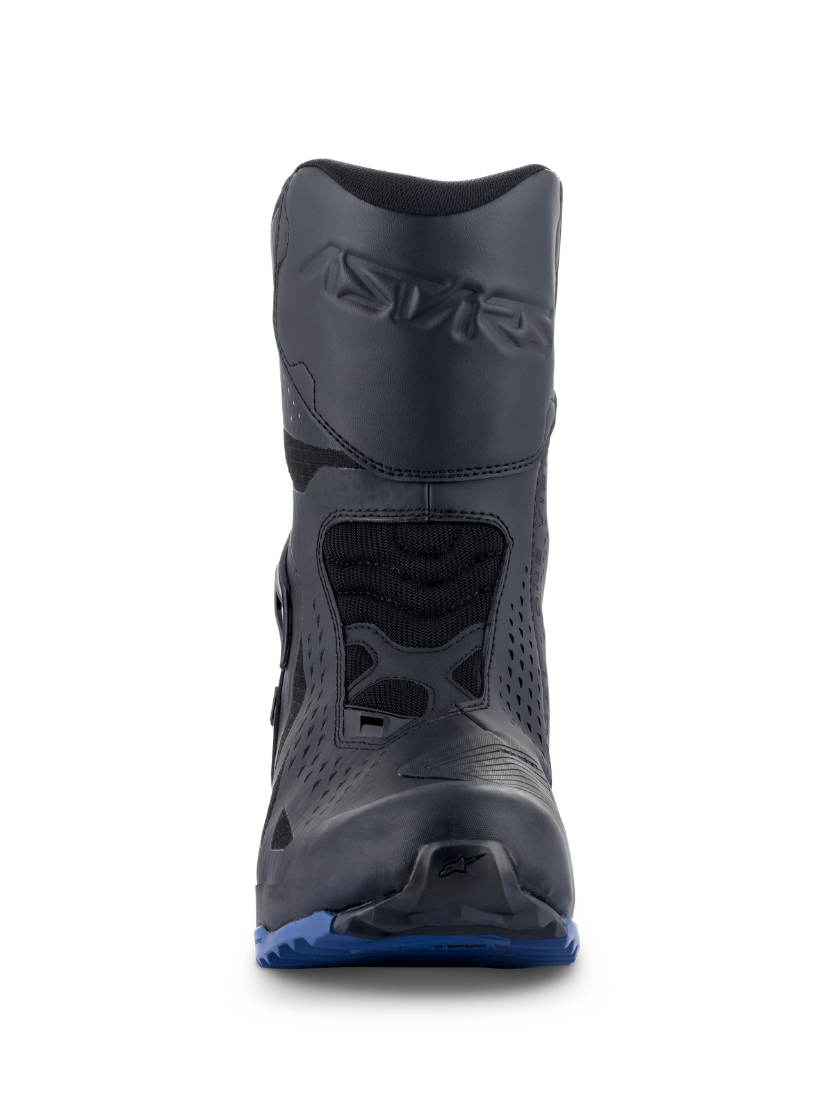 Alpinestars RT-8 GORE-TEX Stiefel, Motorrad-Tourenstiefel, Schwarz und Blau, Vorderansicht mit geprägtem Astars-Branding am Schienbein, schützender Schaltverstärkung und einer robusten blauen Außensohle für Traktion in jedem Gelände