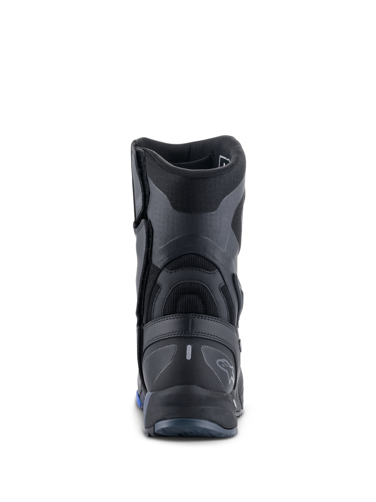 Alpinestars RT-8 GORE-TEX Stiefel, Motorrad-Tourenstiefel, Schwarz und Blau, Rückansicht mit Fokus auf die verstärkte Fersenkappe, texturierte Synthetik-Einsätze und dezentes Alpinestars-Branding.
