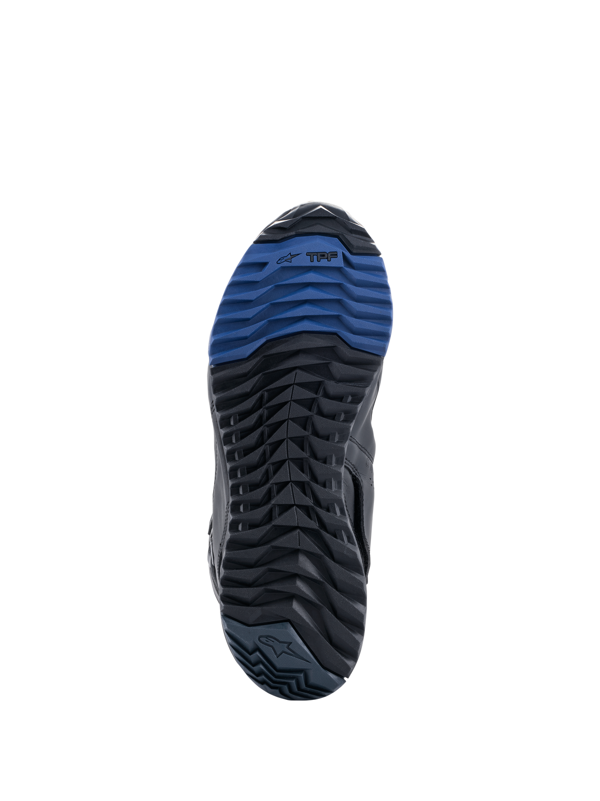 Alpinestars RT-8 GORE-TEX Stiefel, Sohlenansicht mit schwarz-blauer Gummilaufsohle, robustes Stollenprofil und TPF-Branding, entwickelt für Traktion und Gehkomfort im Adventure-Touring-Gelände.