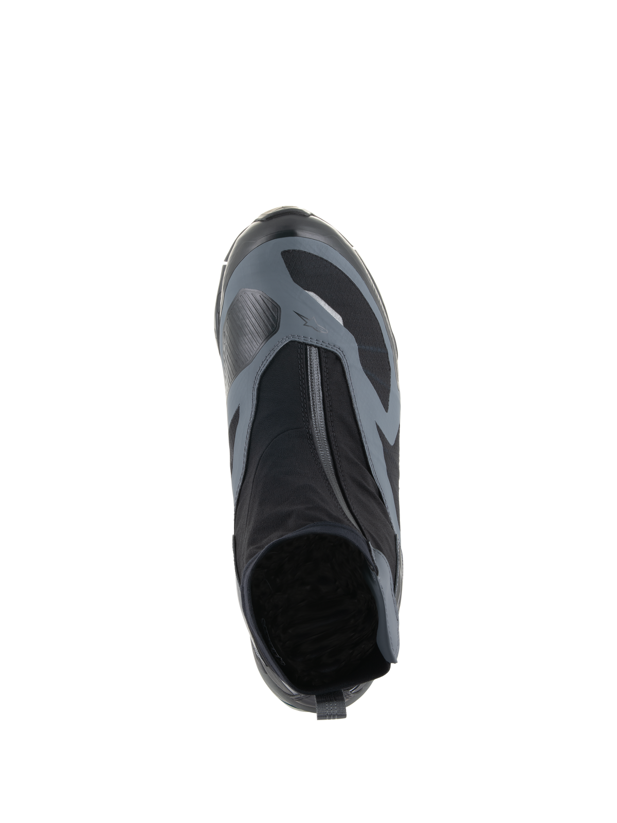 Alpinestars CR-8 GORE-TEX Shoes, Black and Dark Gray, top-down view showing the angled waterproof zipper and technical textile upper, designed for adventure touring.