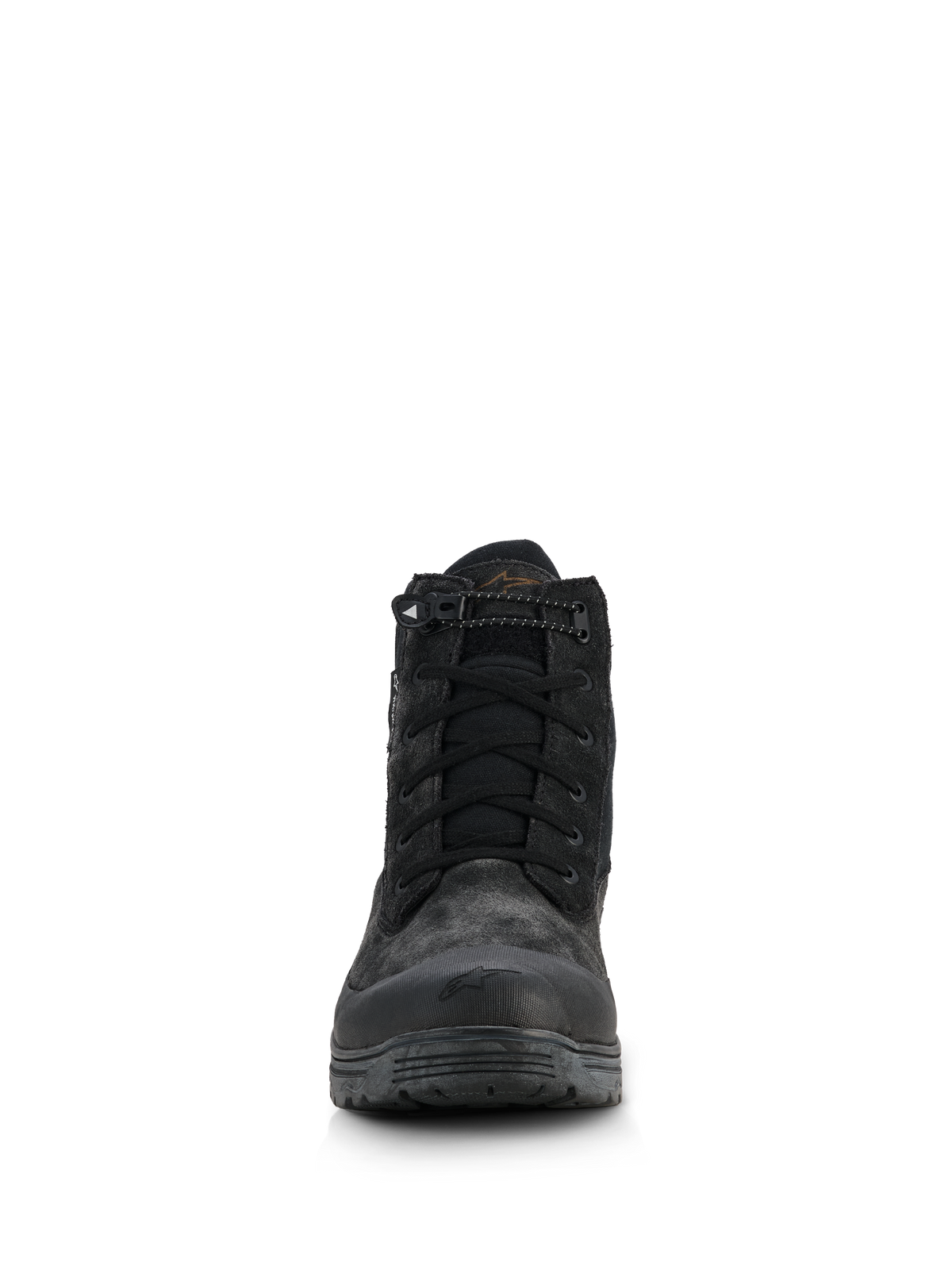 Alpinestars Woman Judy Waterproof Damen-Stiefel, Motorradstiefel für Damen, Schwarz, Frontansicht im Combat-Stil-Design, Schnürverschluss mit elastischem Kordelzug am Kragen, mattes Finish mit Gummi-Zehenverstärkung und erhöhter Sohle