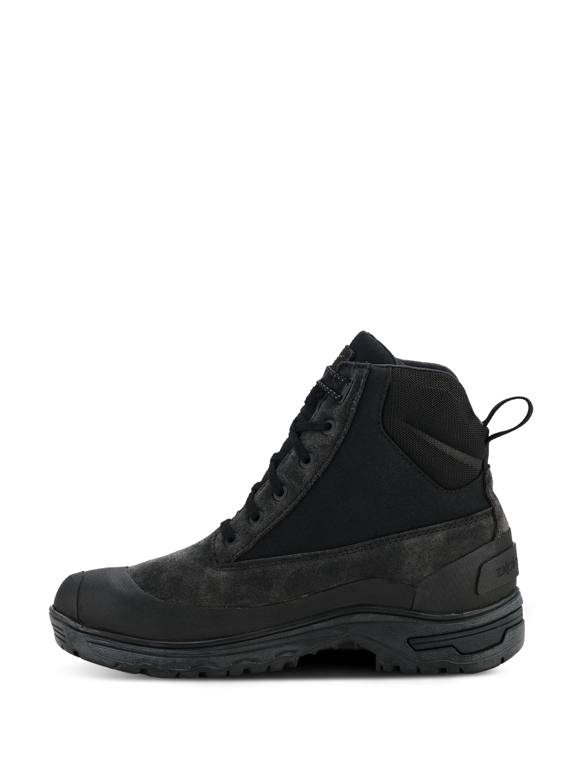 Alpinestars Woman Judy Waterproof Boots, schwarze Motorradstiefel, vom Kampfstiefel inspiriertes High-Top-Design in der Seitenansicht, mit Schnürung und hinterer Zugschlaufe, erhöhte Gummisohle, strapazierfähige Leder- und Textilkonstruktion für den urbanen Einsatz