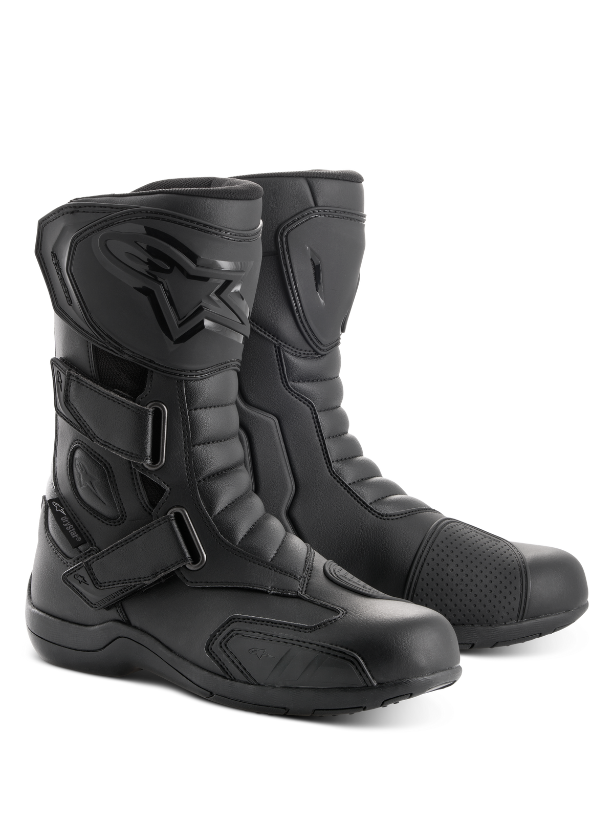 Alpinestars Radon Drystar® Stiefel, Motorrad-Tourenstiefel, Schwarz, mit drei verstellbaren Klettverschluss-Bändern, TPU-Schienbeinplatte mit geprägtem Logo und verstärktem Schaltpolster, strapazierfähige Mikrofaser-Konstruktion für Straßen- und Abenteuerfahrten