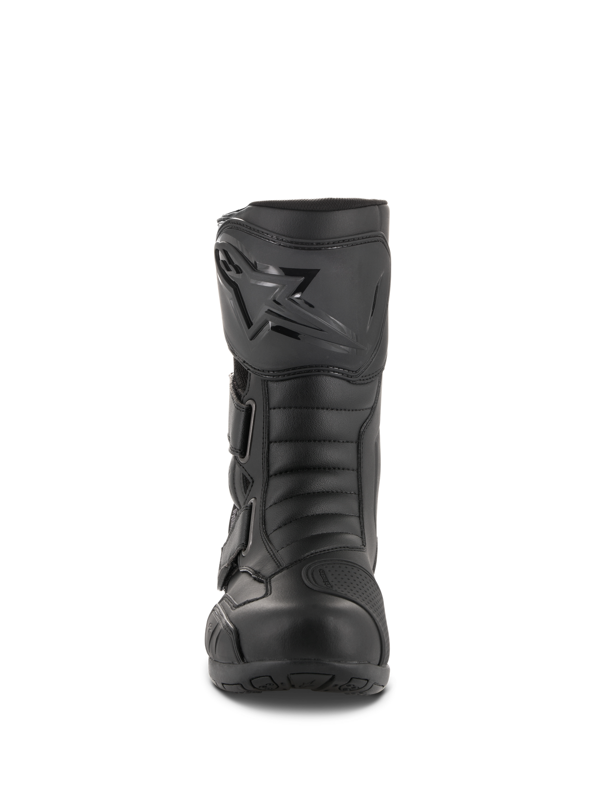 Alpinestars Radon Drystar® Stiefel, wasserdichte Touring-Motorradstiefel, Schwarz, Vorderansicht mit Schienbeinplatte und Alpinestars-Logo, verstellbare Riemen und verstärkte Zehenbox