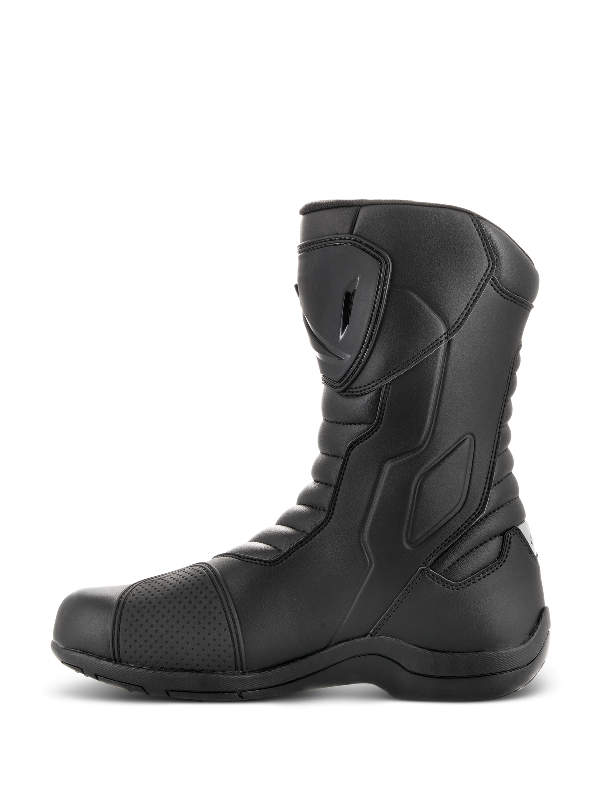 Alpinestars Radon Drystar® Stiefel, Motorrad-Tourenstiefel, Schwarz, Seitenprofilansicht mit TPU-Schienbeinplatte und Schaltpolster, Akkordeon-Flexzonen, langlebige Mikrofaser-Konstruktion für Adventure-Fahrten
