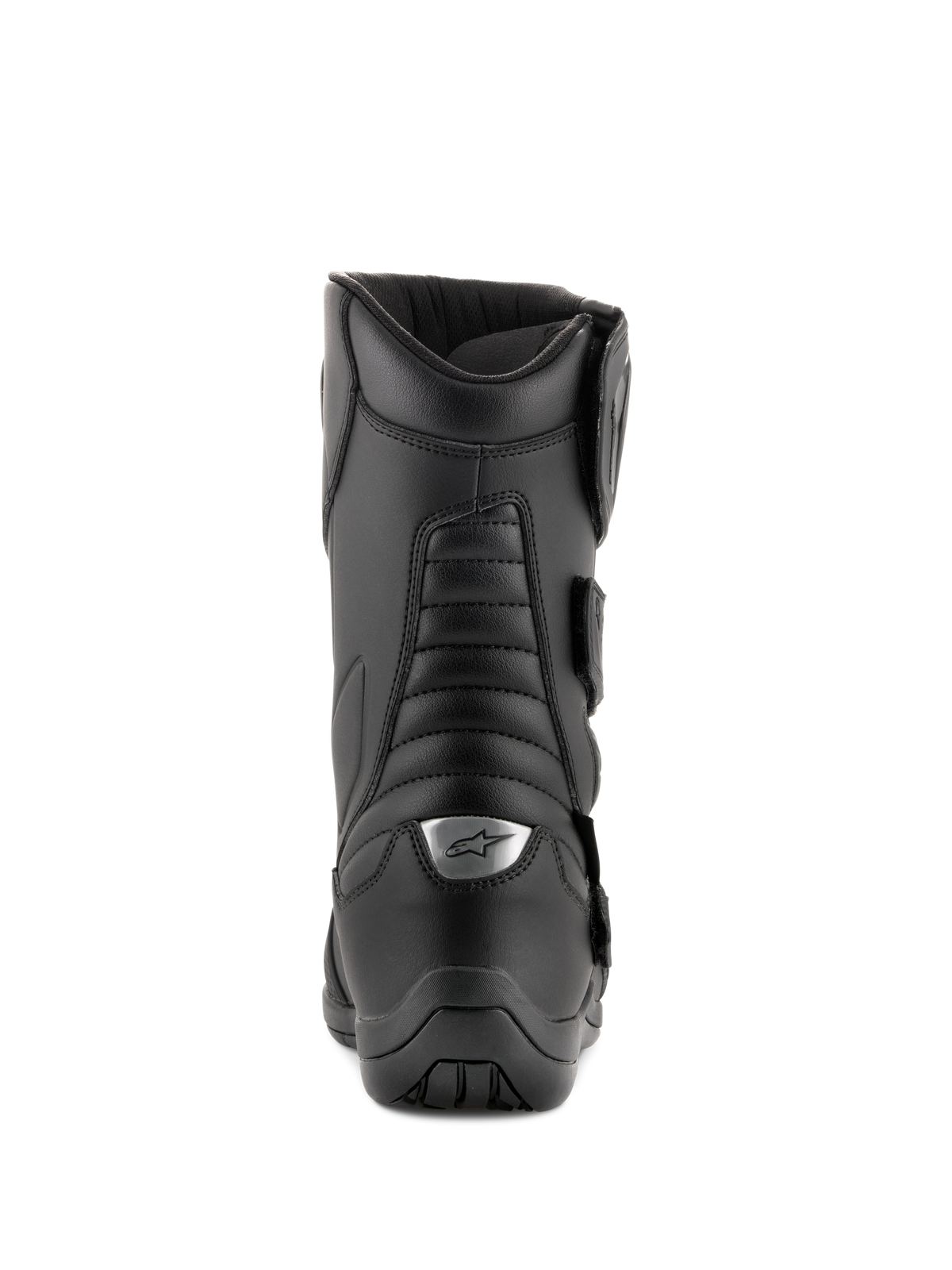 Alpinestars Radon Drystar® Stiefel, Schwarz, Motorrad-Tourenstiefel, Rückansicht mit Akkordeon-Flexzonen und silbernem Logo an der Ferse, strapazierfähige Mikrofaser-Konstruktion