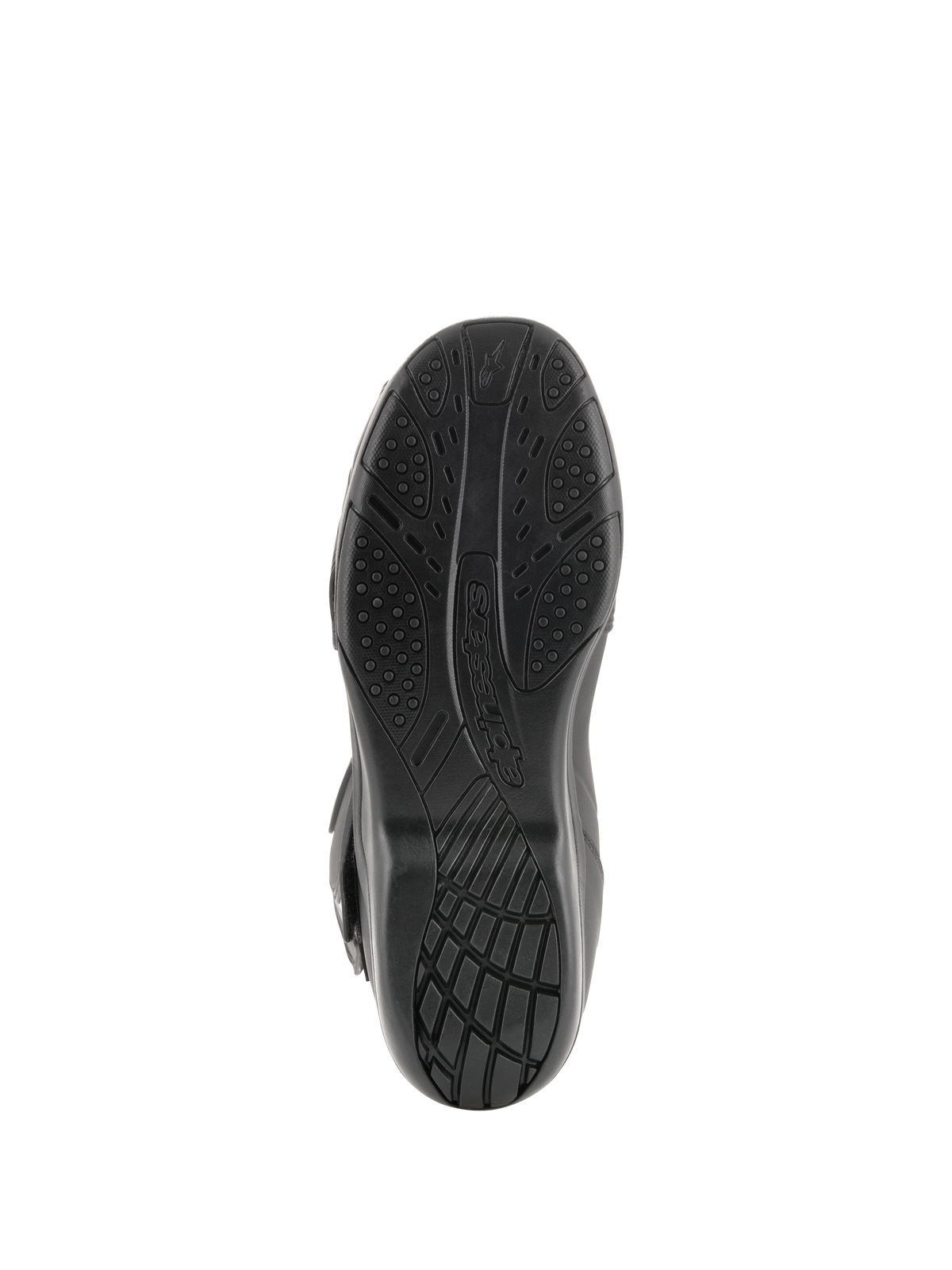 Alpinestars Radon Drystar® Stiefel, Motorrad-Tourenstiefel, Unteransicht der schwarzen vulkanisierten Gummisohle mit strukturierten Grip-Mustern und Alpinestars-Branding.