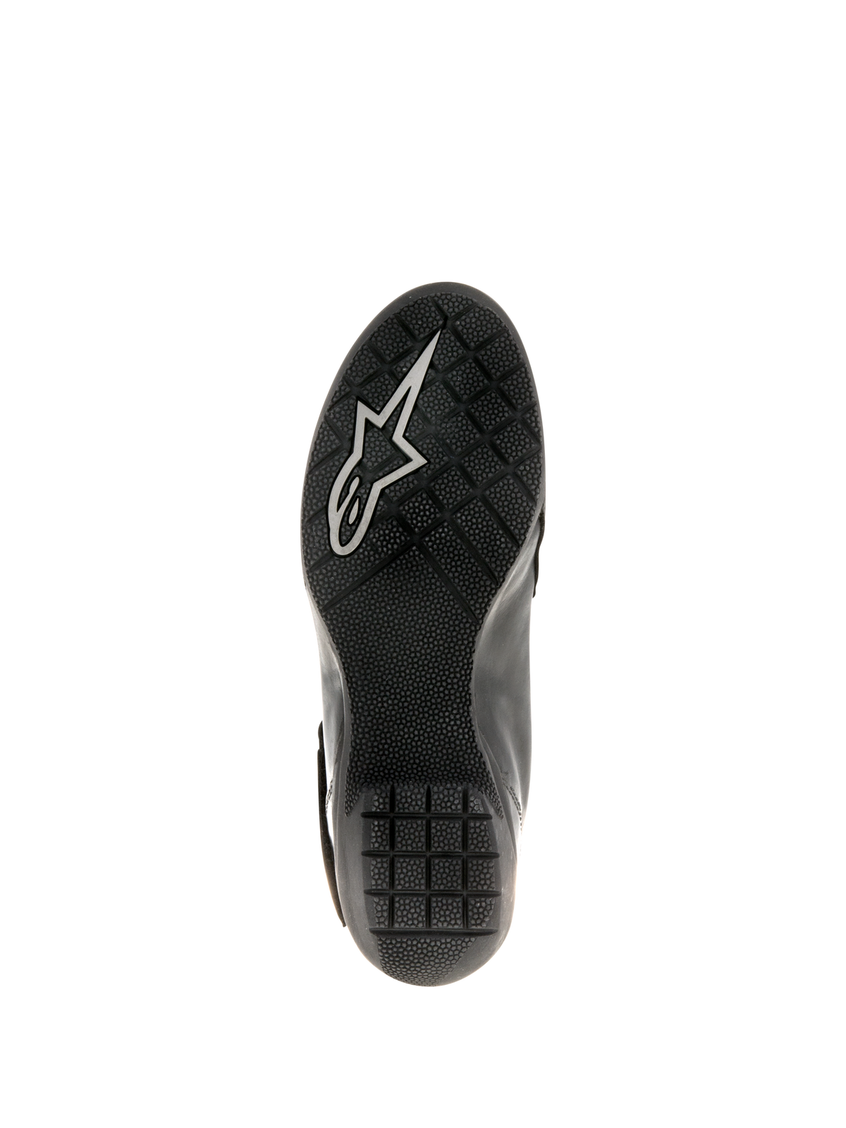 Alpinestars Stella Valencia Wasserdichte Damenstiefel, Schwarz, Sohlenansicht mit strukturiertem Gummiprofil für Rutschfestigkeit und weißem Astars-Logo, konzipiert für Stabilität beim Motorrad-Touring.