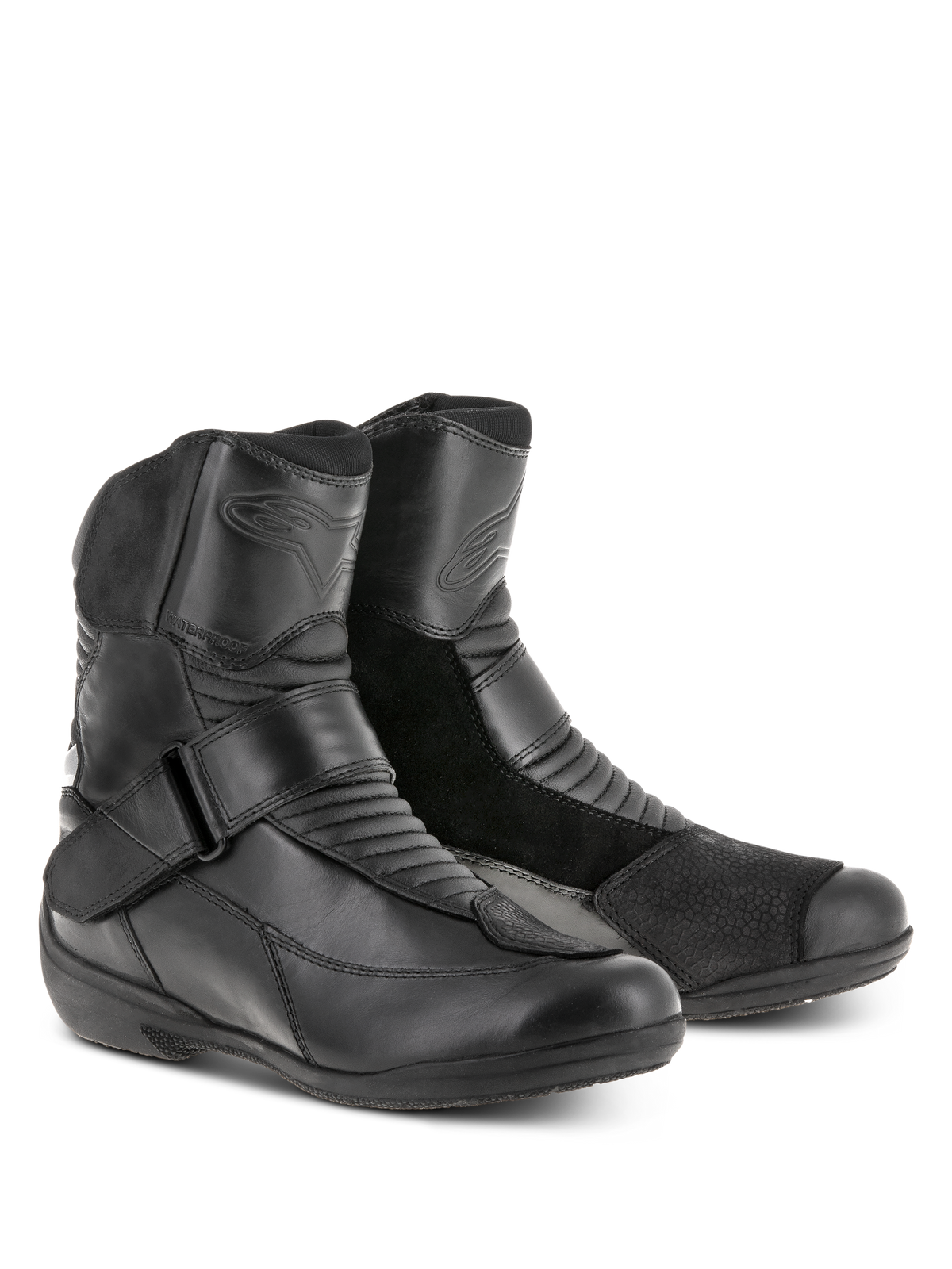 Alpinestars Stella Valencia Waterproof Damenstiefel, Schwarz, niedrig geschnittene Tourenstiefel mit Leder- und Wildledereinsätzen, Akkordeon-Flexzonen und Schnallenverschluss am Rist, wasserdichte Motorradschuhe für Damen