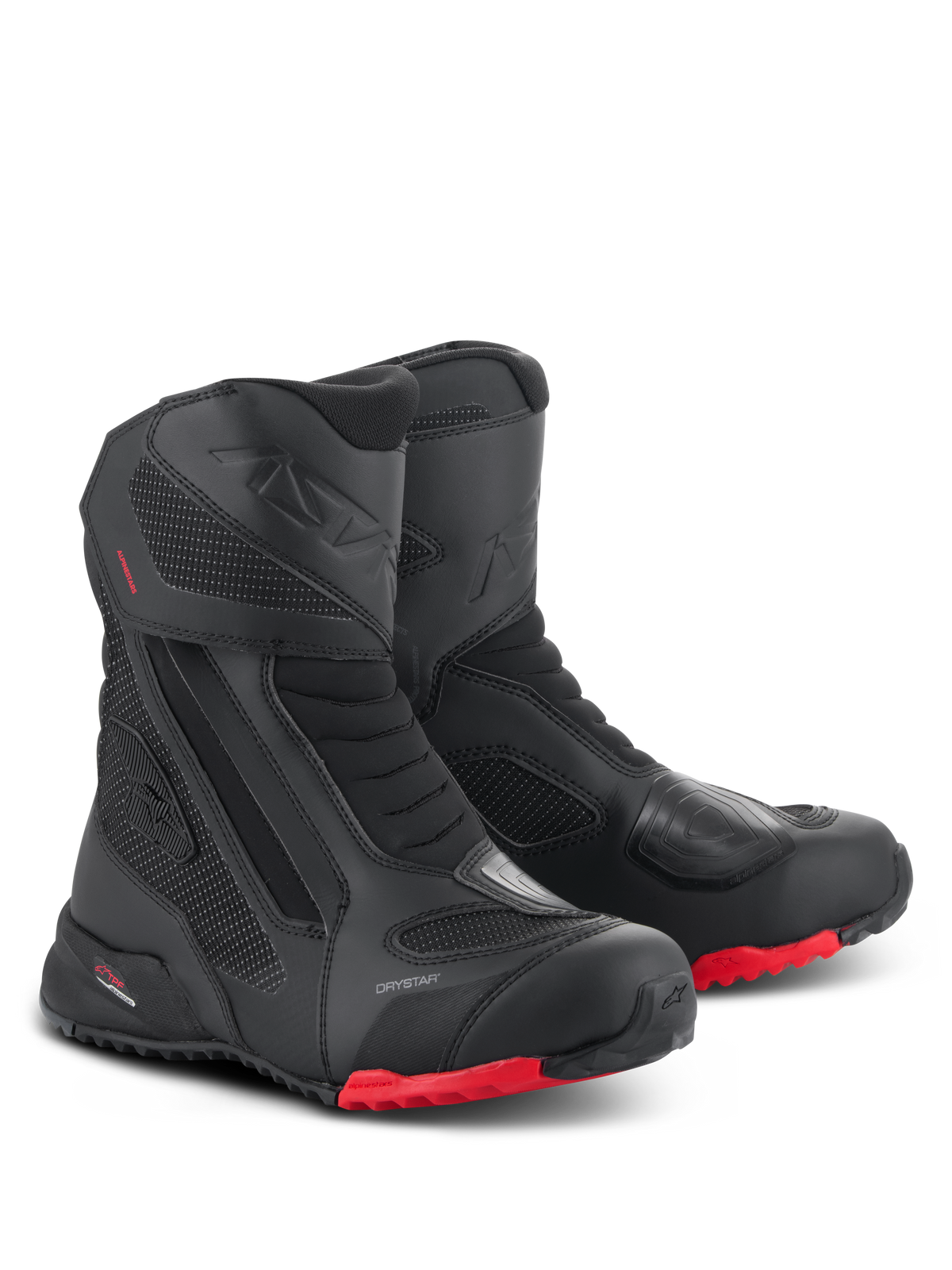 Alpinestars RT-7 Drystar Stiefel, Motorrad-Tourenstiefel, Schwarz und Rot, mit wasserdichter Drystar-Membran, strapazierfähiger Textil- und Mikrofaser-Konstruktion, roten Profilsohlen und verstärkten Schutzbereichen für All-Terrain-Abenteuer