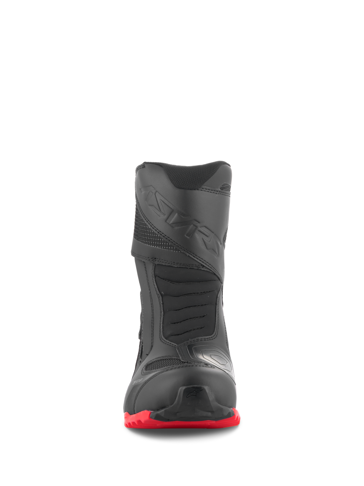 Alpinestars RT-7 Drystar® Stiefel, Motorrad-Tourenstiefel, Schwarz und Rot, Vorderansicht, mit verstärkter Zehenbox, 3D-Druck-Schaltpad und leuchtend roter Profilsohle, wasserdichtes Adventure-Fahrstiefel-Design.