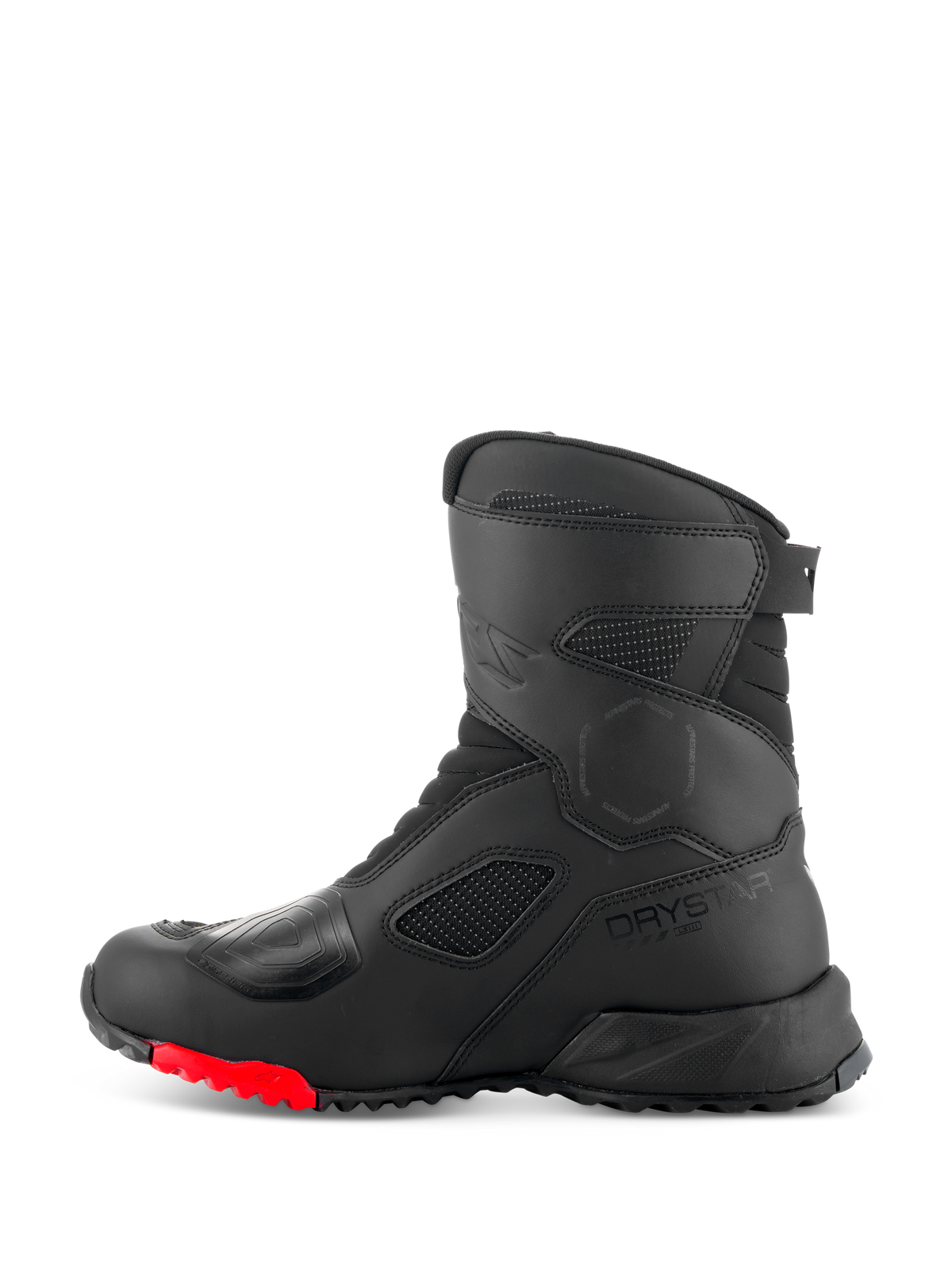 Alpinestars RT-7 Drystar® Stiefel, Motorrad-Tourenstiefel, Schwarz und Rot, Seitenprofil mit Drystar-Logo, verstärktem Schaltpolster und strapazierfähiger Profilsohle mit roten Akzenten für Adventure-Touren.