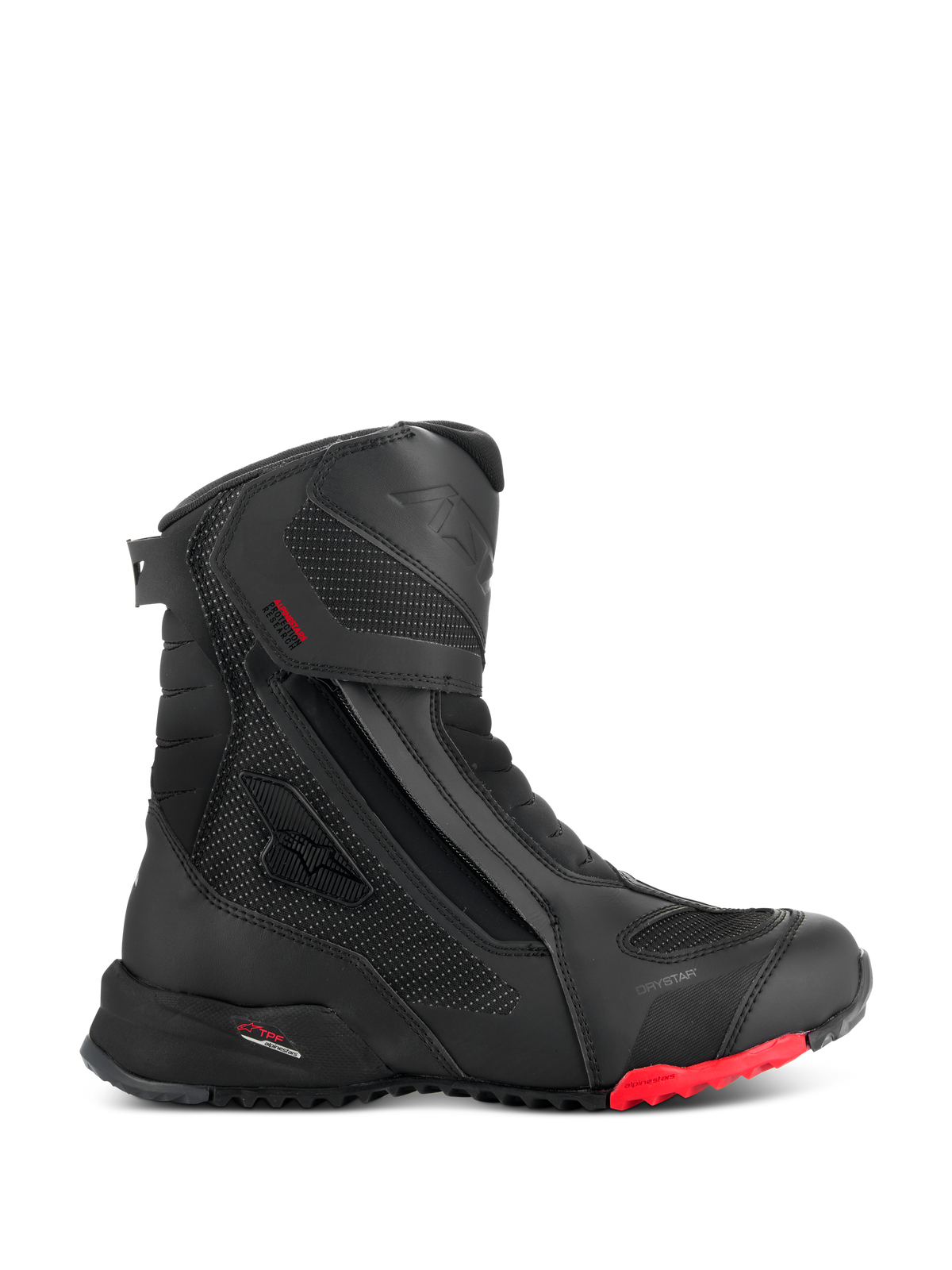 Alpinestars RT-7 Drystar Stiefel, Motorrad-Tourenstiefel, Schwarz mit rotem Sohlenakzent, wasserdicht und atmungsaktiv, Seitenprofil mit seitlichem Reißverschluss und Klettverschluss, texturierte Textileinsätze mit reflektierenden Punkten, robuste Profilsohle, fortschrittliche Synthetikkonstruktion