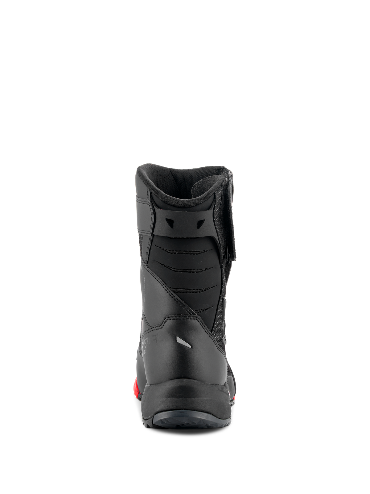 Alpinestars RT-7 Drystar® Stiefel, Motorrad-Tourenstiefel, Schwarz und Rot, Rückansicht mit gepolsterten Achilles-Balgfalten und schlanker Konstruktion, wasserdichtes Schutzschuhwerk für Straße und Adventure
