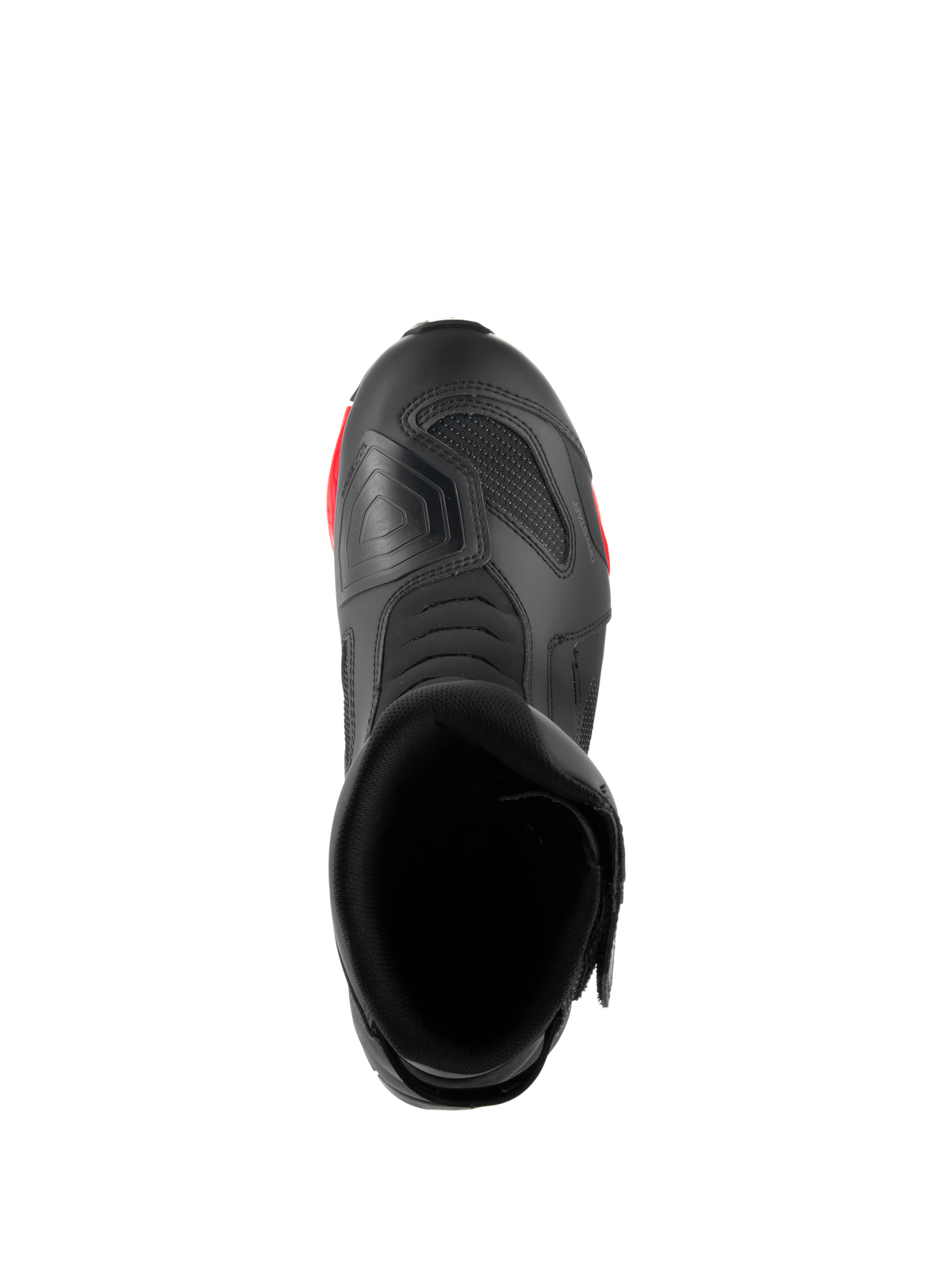Alpinestars RT-7 Drystar® Stiefel, Motorrad-Tourenstiefel, Schwarz und Rot, Draufsicht mit Blick auf die Stiefelöffnung, das Innere und das strukturierte Schaltpolster im Zehenbereich