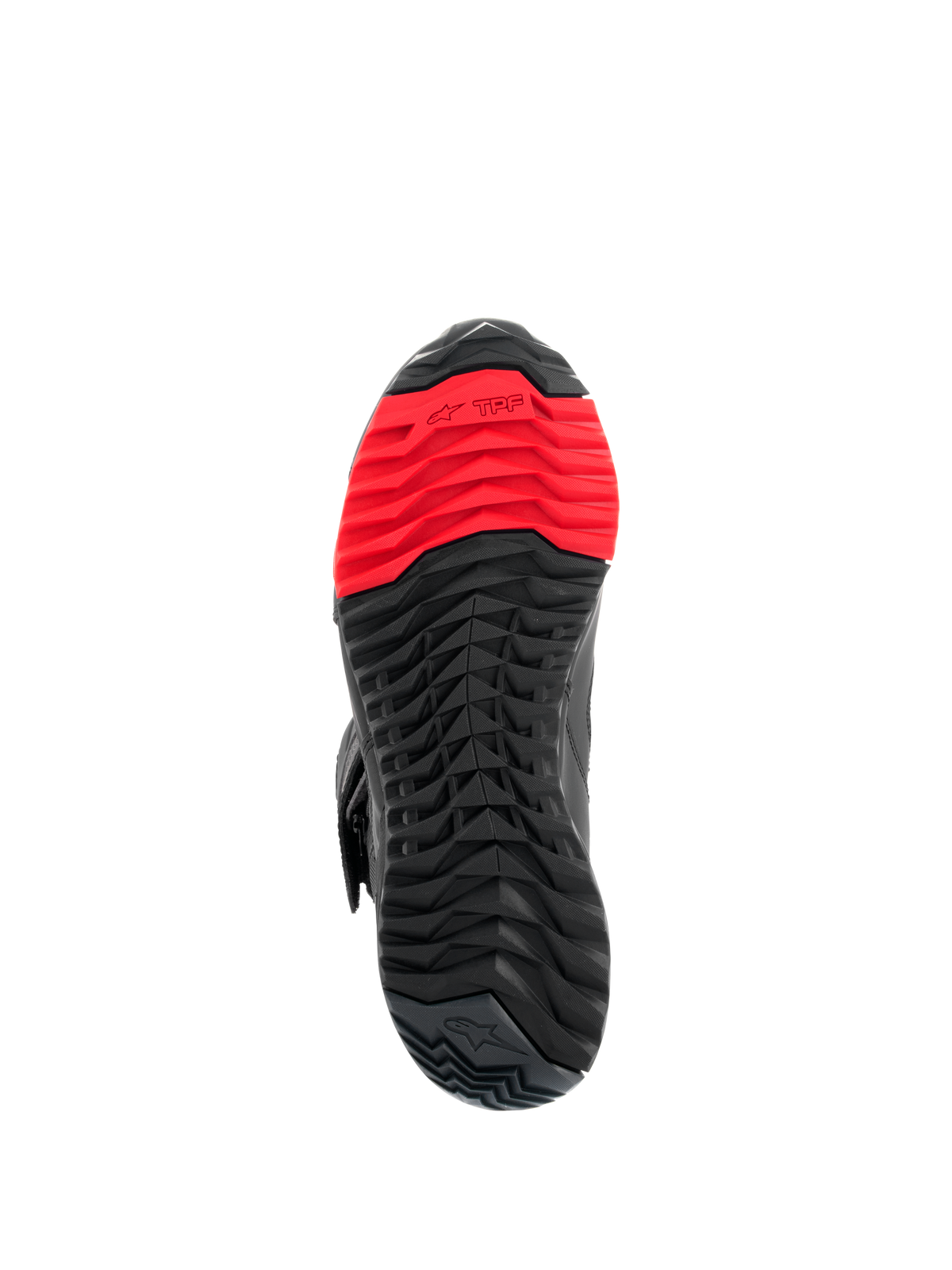Alpinestars RT-7 Drystar® Stiefel, Sohlenansicht, robustes schwarz-rotes Stollenprofil mit dem TPF Transversal Protection Frame Logo im Vorfußbereich, entwickelt für Fahr- und Gehkomfort