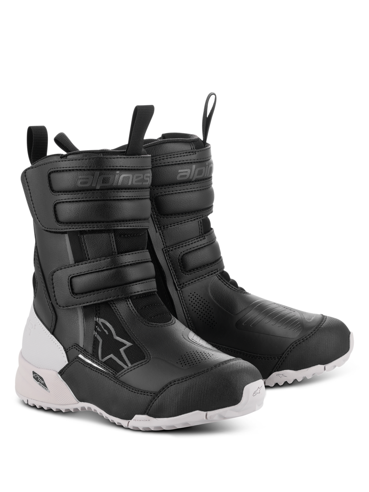 Alpinestars Women Stella RT-7 Touring Drystar Boots, Motorcycle Boots, Black and White, featuring dual velcro straps and double-zip entry, durable microfiber and textile construction, white rugged lug sole with TPF protection, adventure-ready design